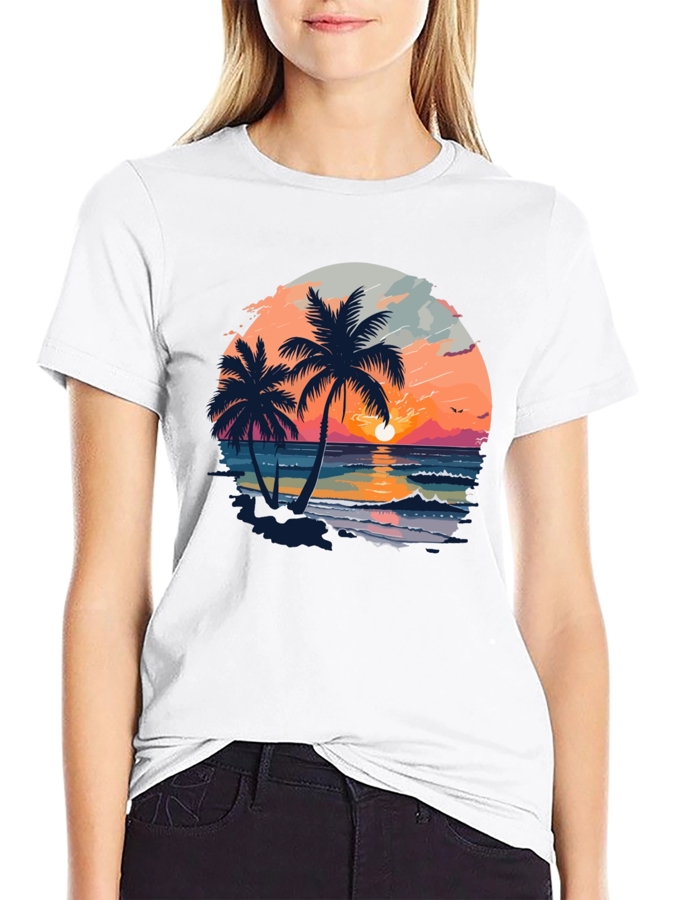 Tropical Sunset Palm Tree Graphic Black T-Shirt
