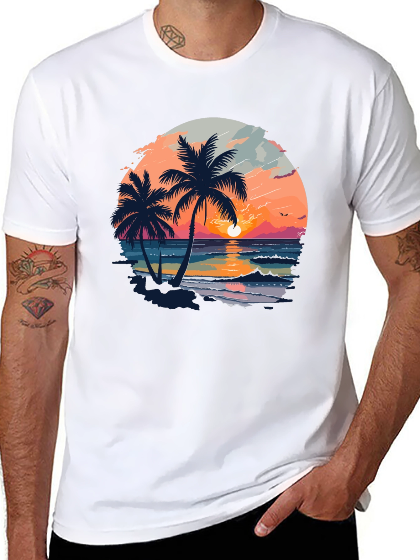 Tropical Sunset Palm Tree Graphic Black T-Shirt