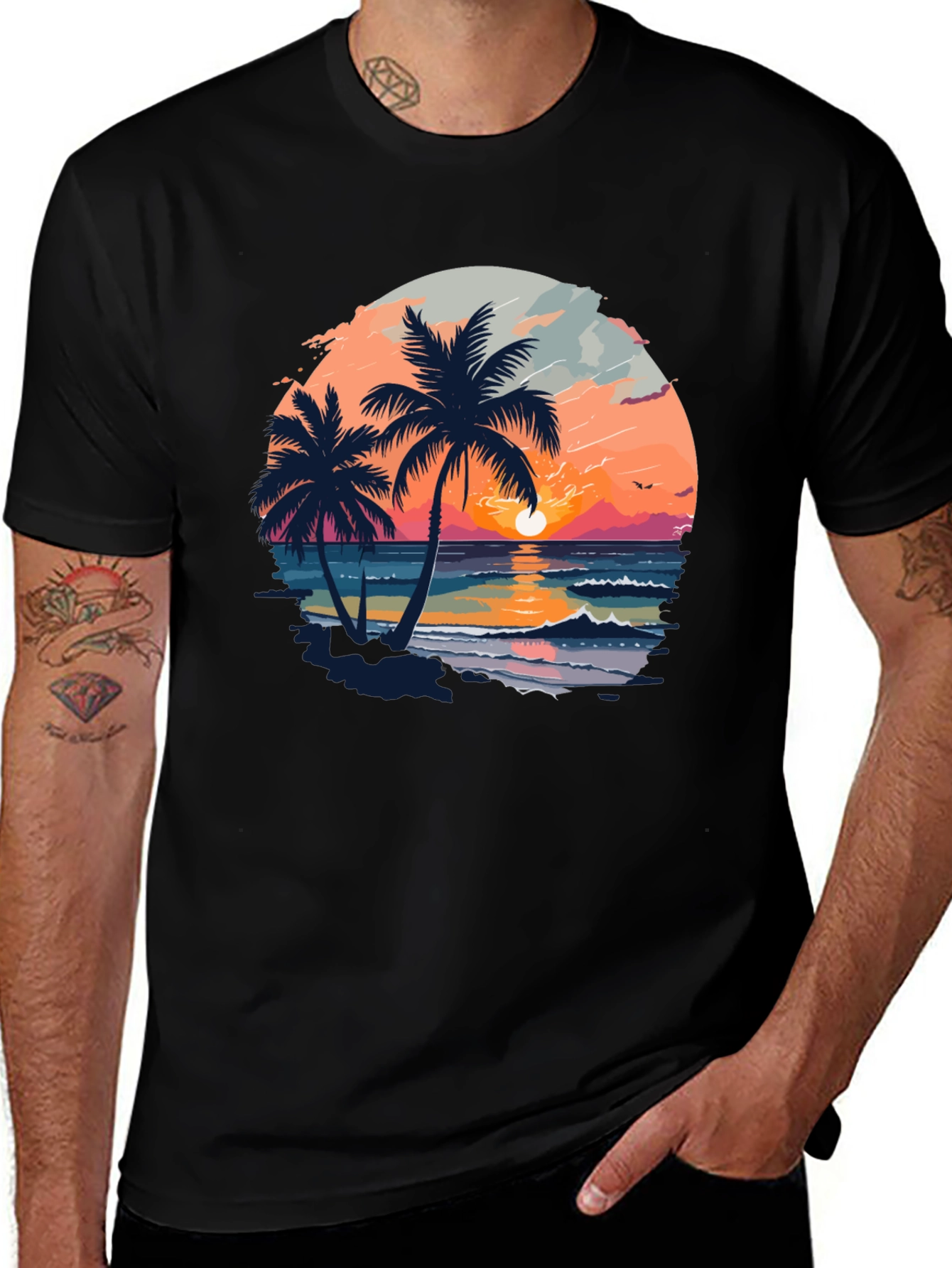 Tropical Sunset Palm Tree Graphic Black T-Shirt