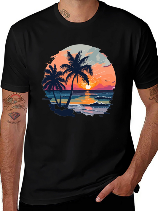 Tropical Sunset Palm Tree Graphic Black T-Shirt