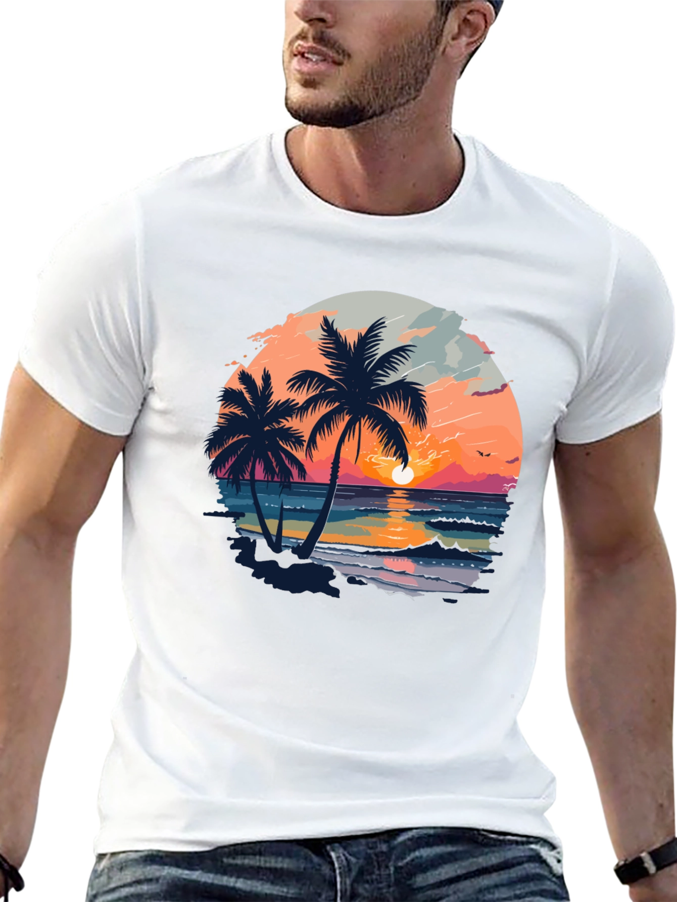 Tropical Sunset Palm Tree Graphic Black T-Shirt