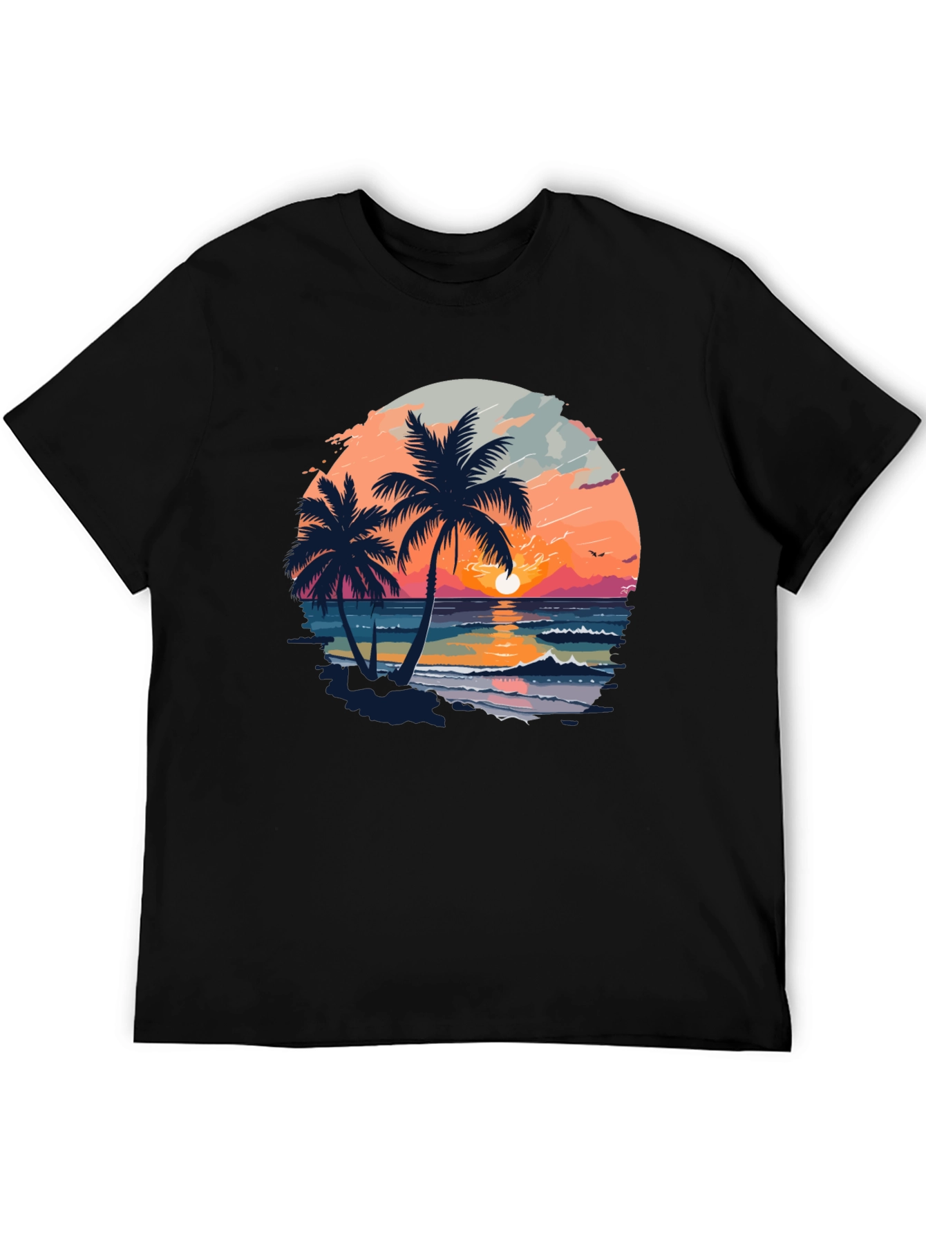 Tropical Sunset Palm Tree Graphic Black T-Shirt