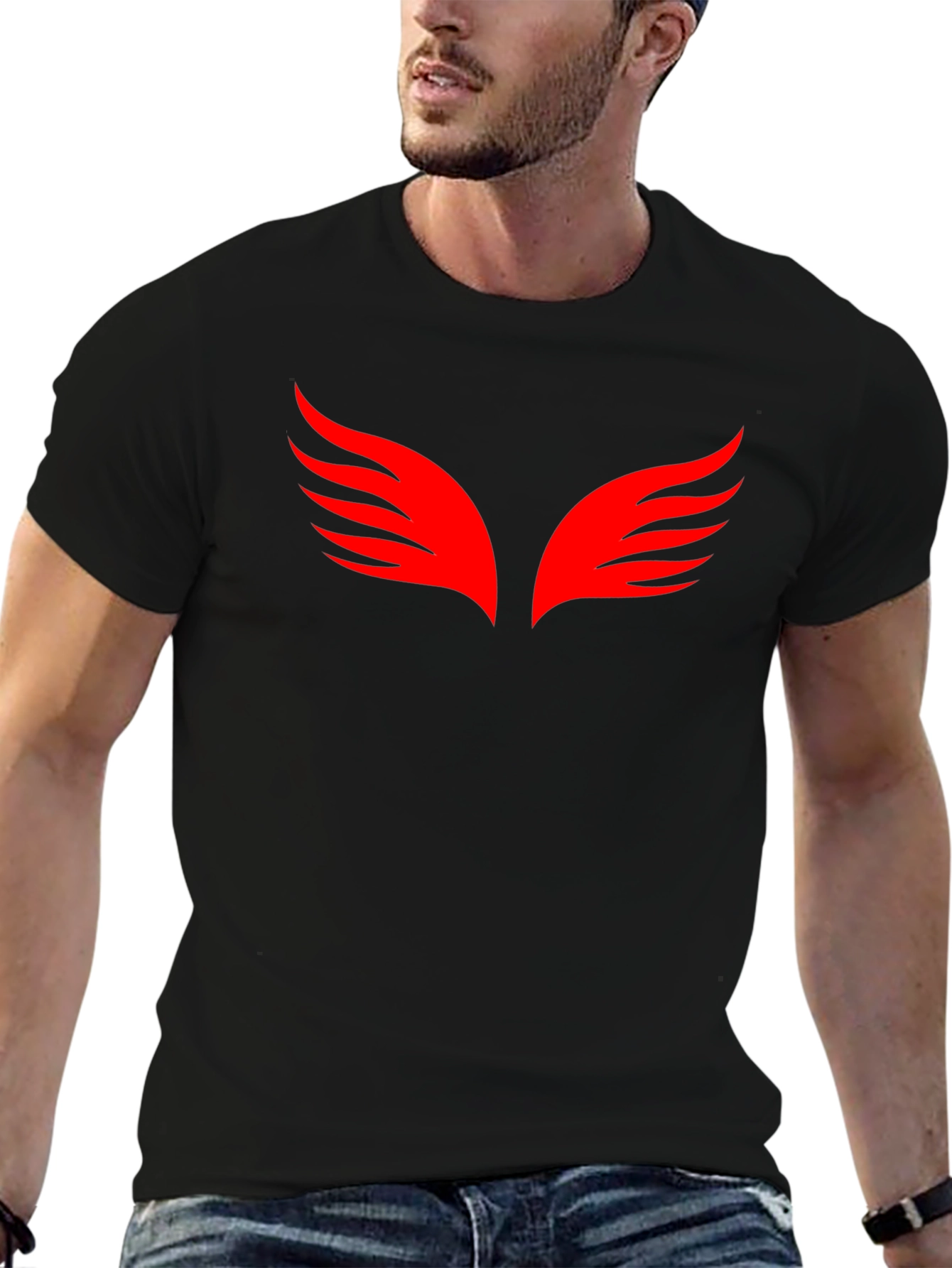 Black T-Shirt with Red Wings Graphic