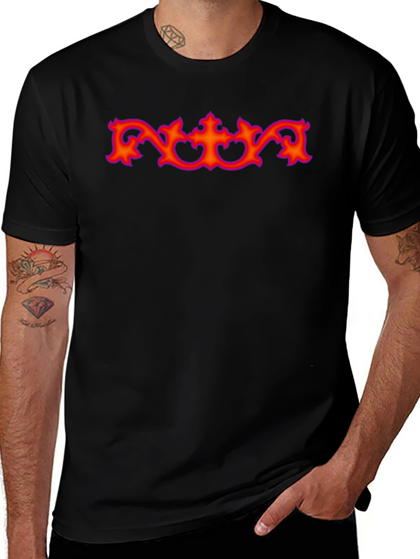Black T-Shirt with Ornate Red Graphic
