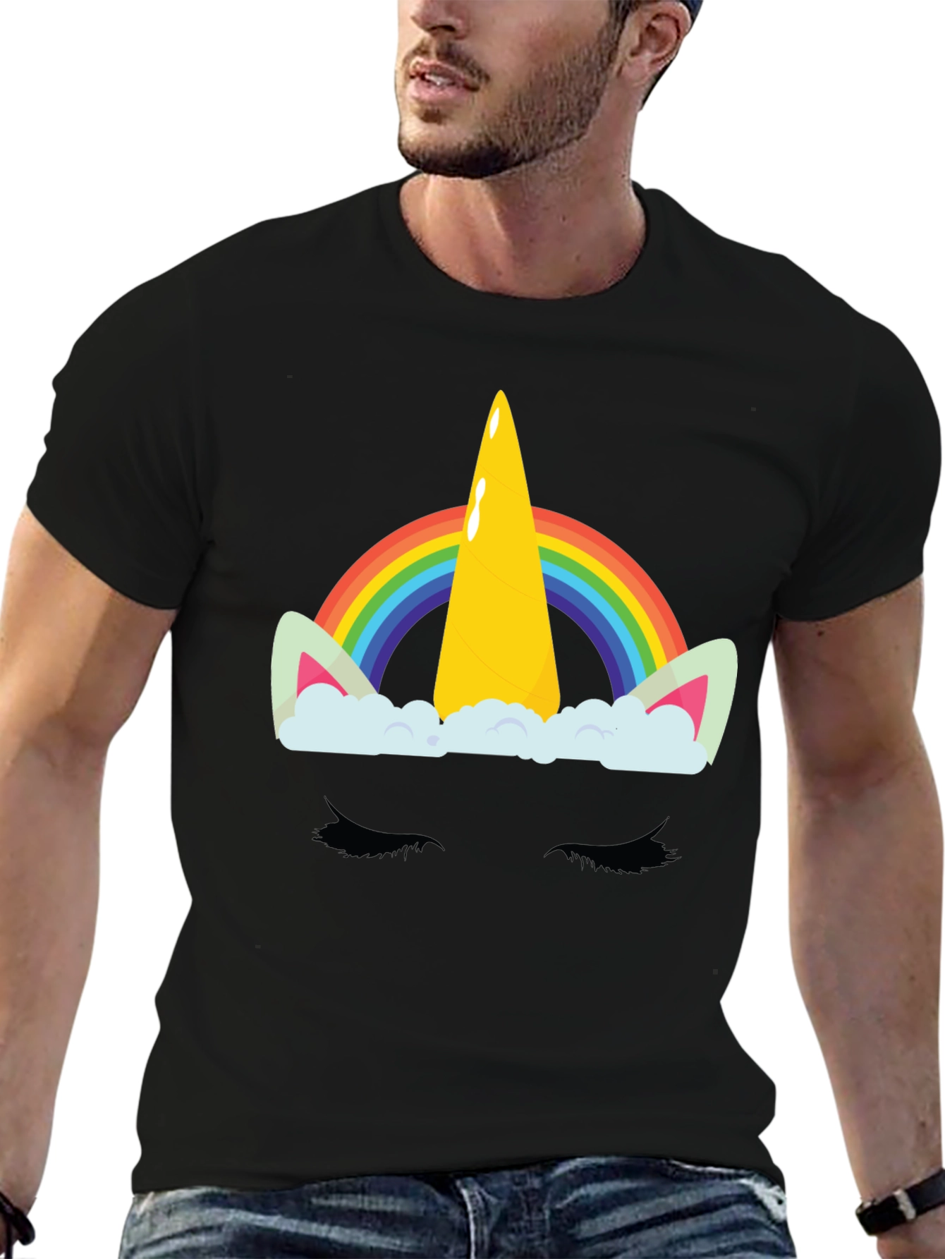 Rainbow Unicorn Graphic Print Black T-Shirt