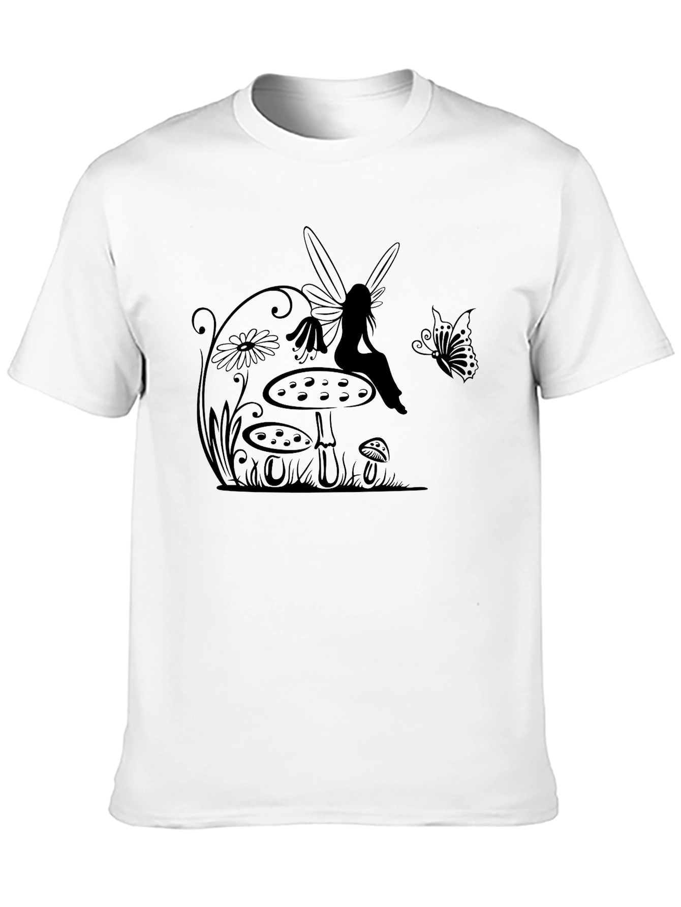 Fairy & Mushroom Graphic Tee - Black Cotton T-Shirt