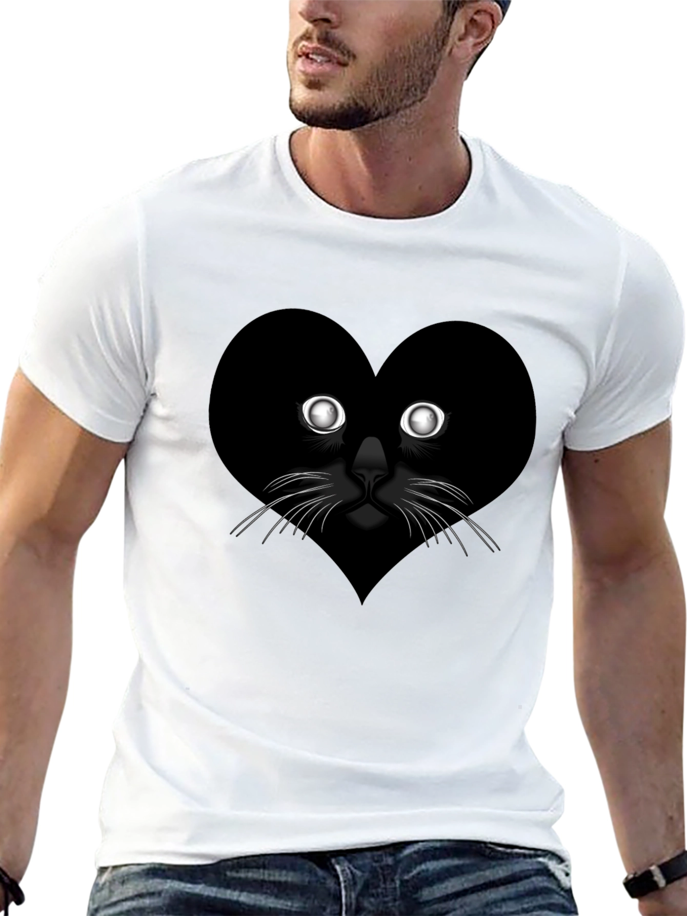 Heart Cat Graphic Tee - Black Casual T-Shirt
