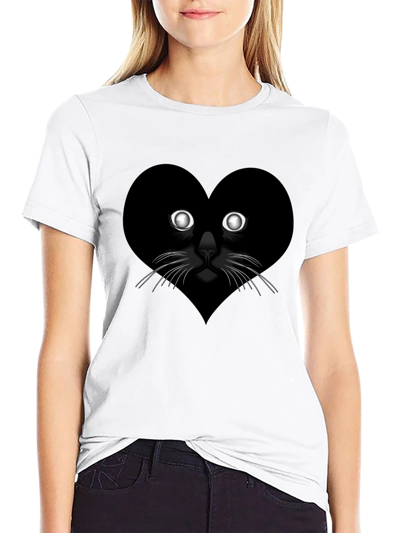 Heart Cat Graphic Tee - Black Casual T-Shirt