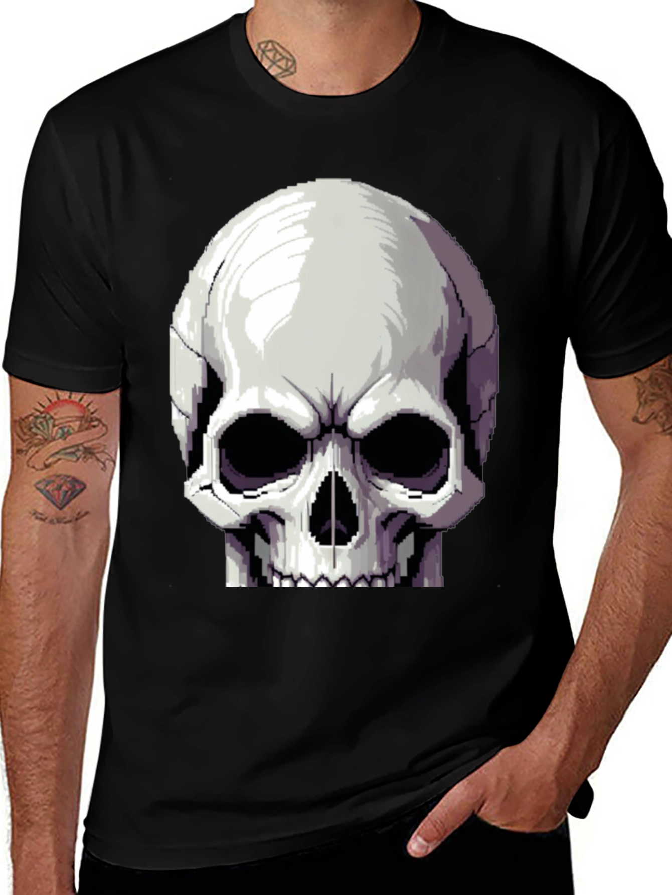 Pixel Skull Graphic Tee - Black Cotton Shirt