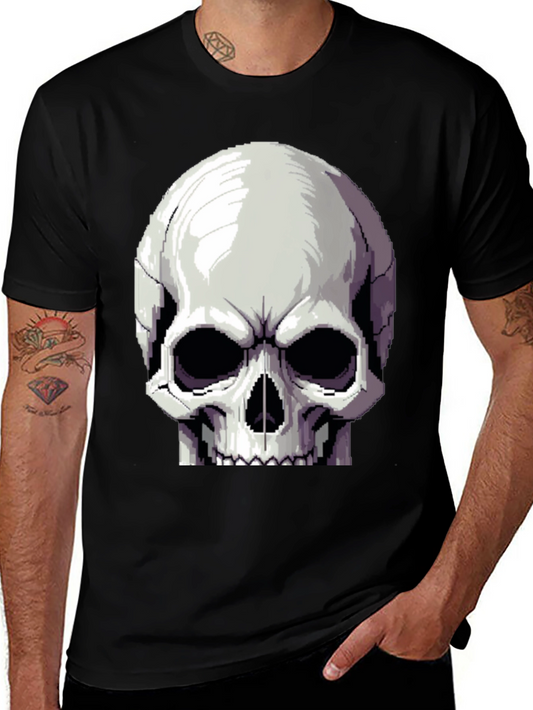 Pixel Skull Graphic Tee - Black Cotton Shirt