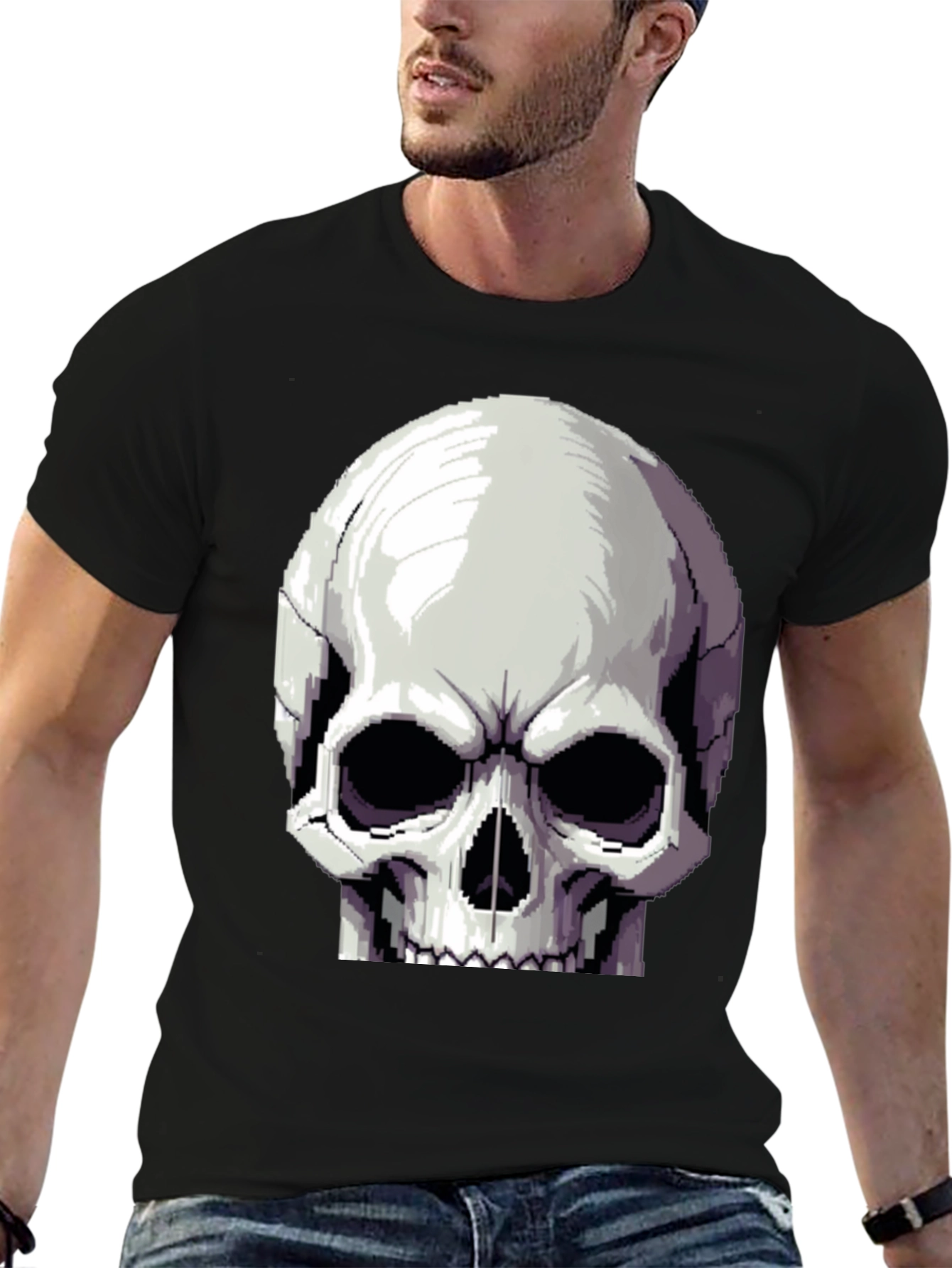 Pixel Skull Graphic Tee - Black Cotton Shirt
