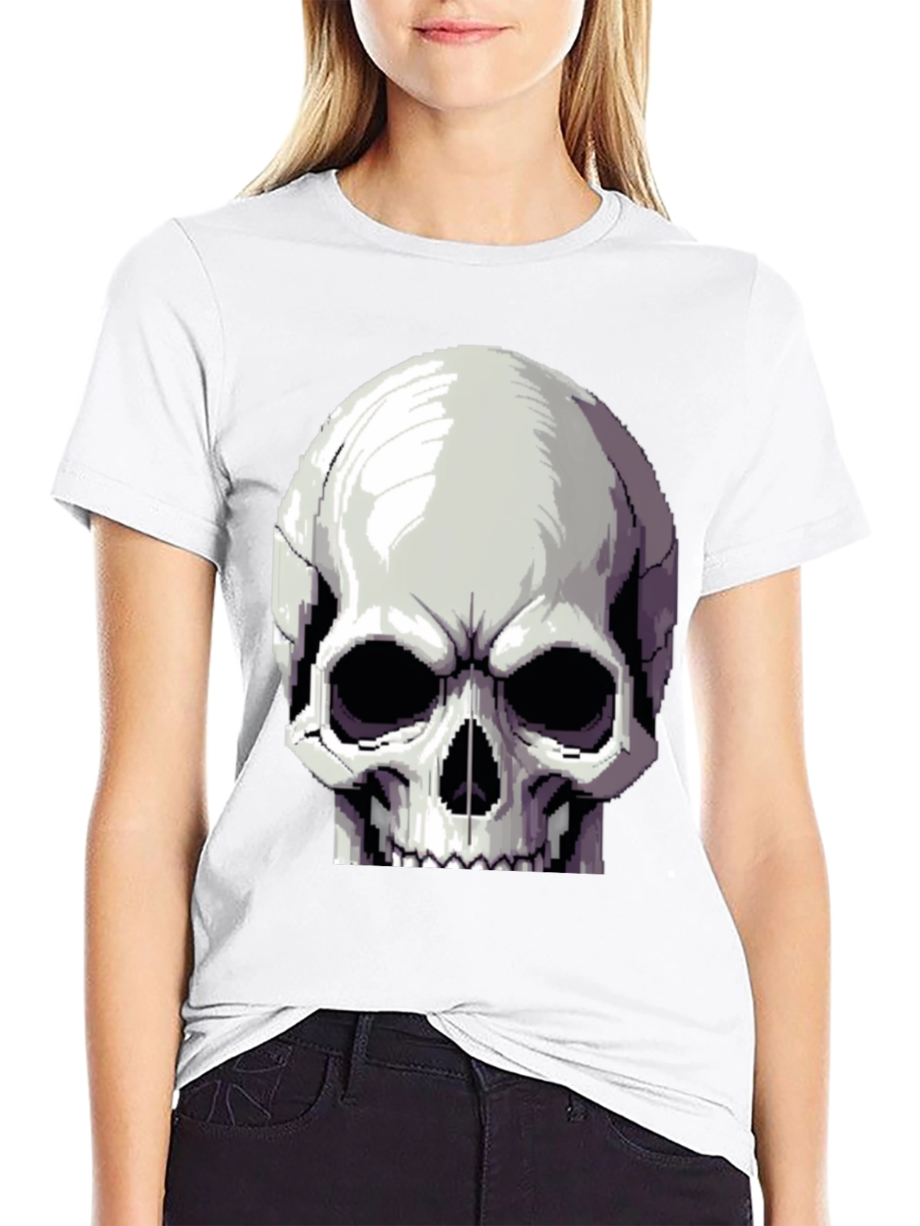 Pixel Skull Graphic Tee - Black Cotton Shirt
