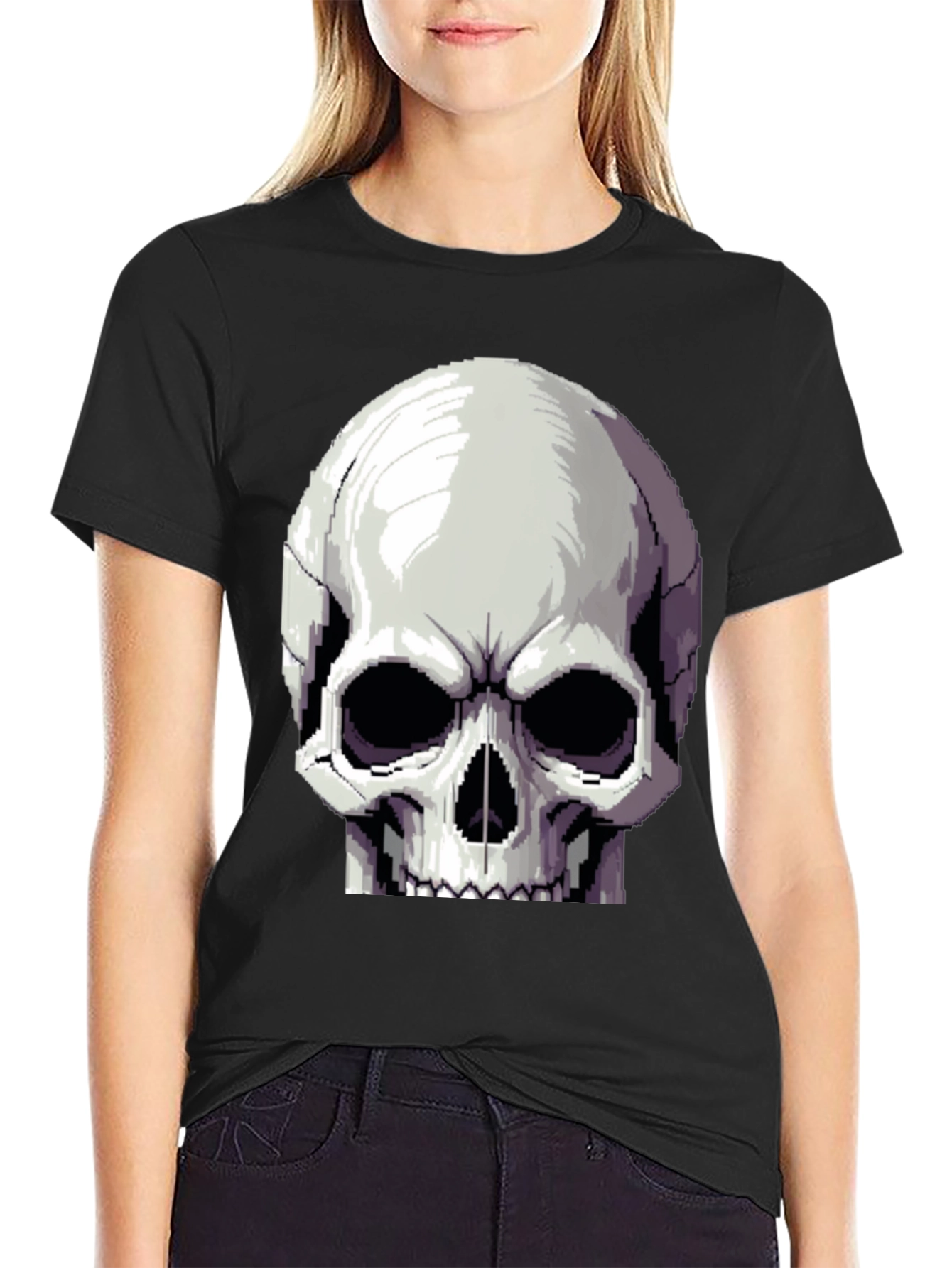 Pixel Skull Graphic Tee - Black Cotton Shirt