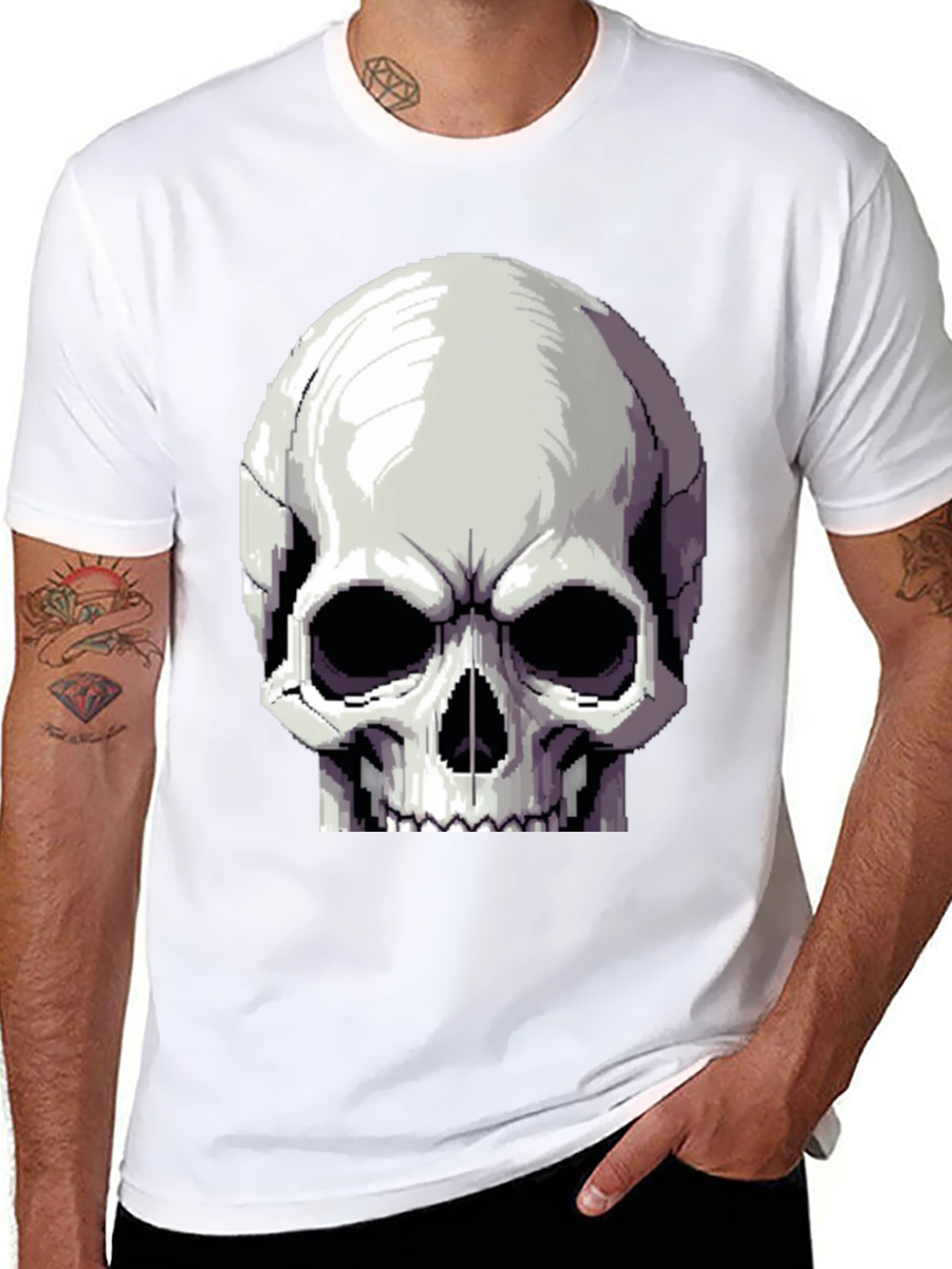 Pixel Skull Graphic Tee - Black Cotton Shirt