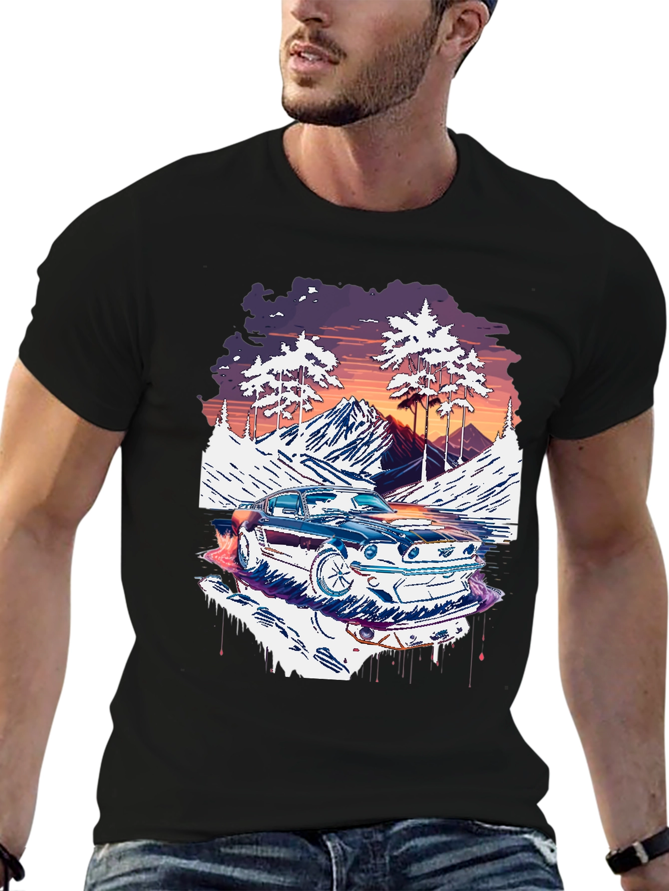 Retro Car Graphic Tee - Mountain Road Trip Shirt