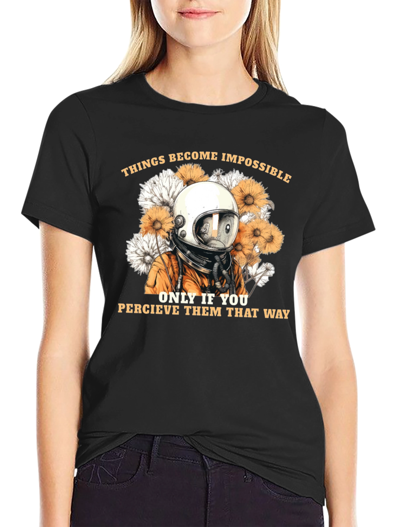 Astronaut & Floral Graphic Black T-Shirt