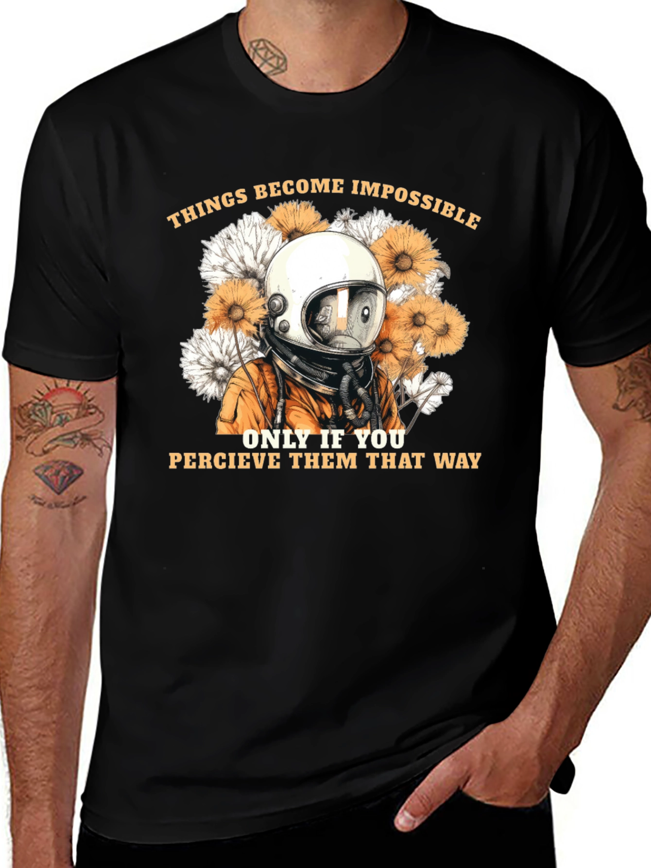 Astronaut & Floral Graphic Black T-Shirt