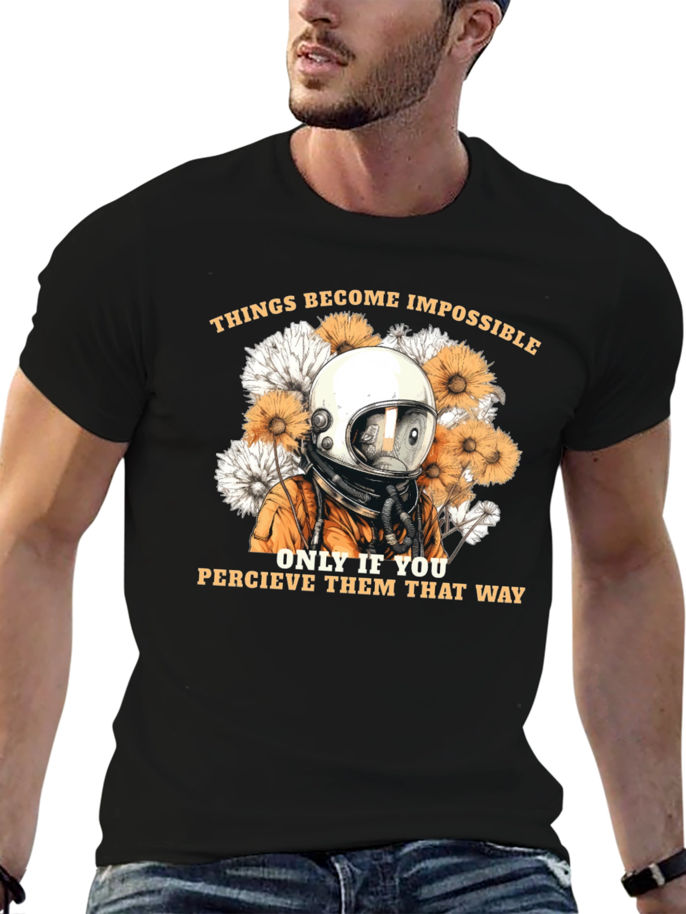 Astronaut & Floral Graphic Black T-Shirt