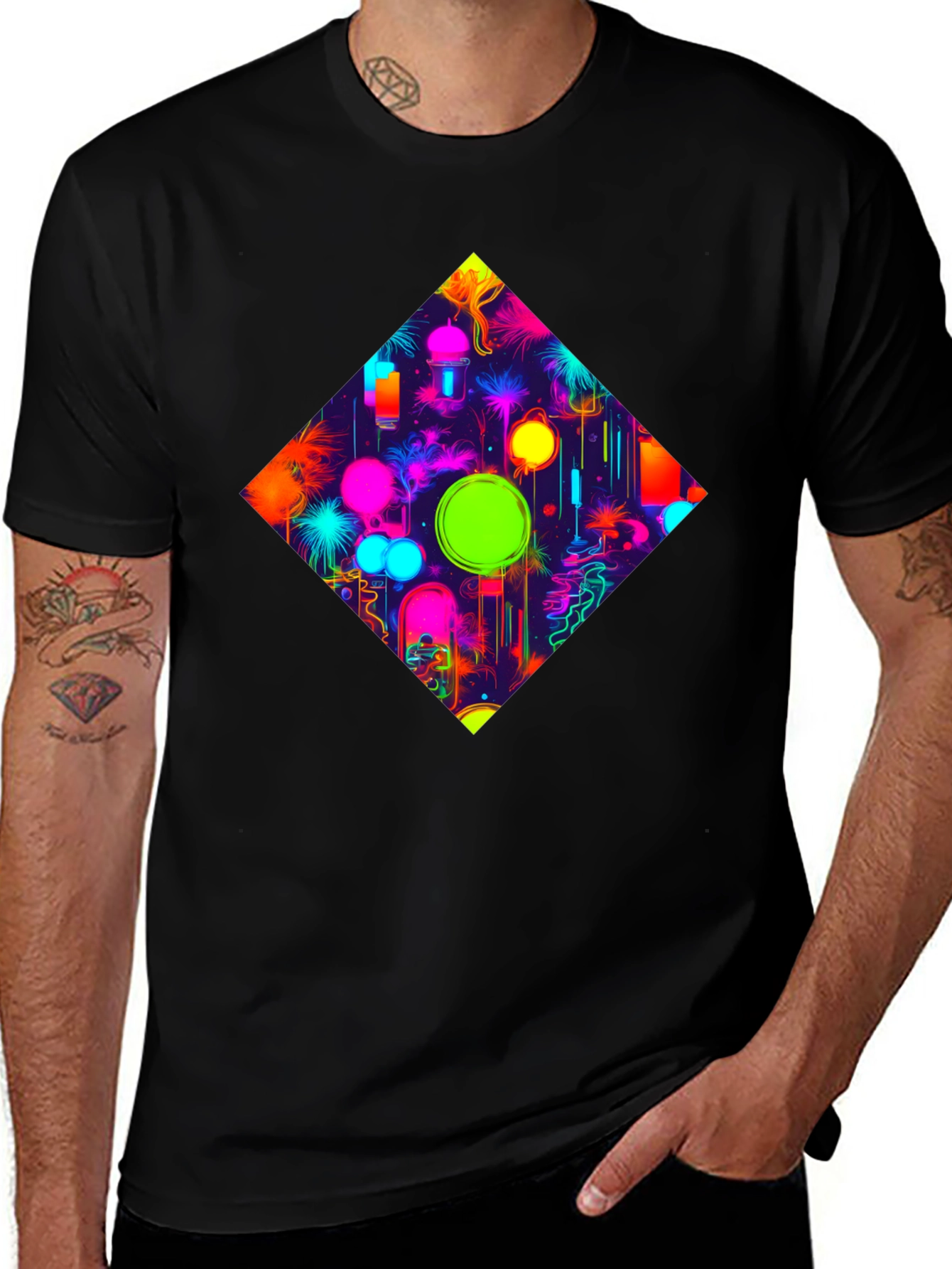 Neon Diamond Graphic Tee - Stylish Black T-Shirt