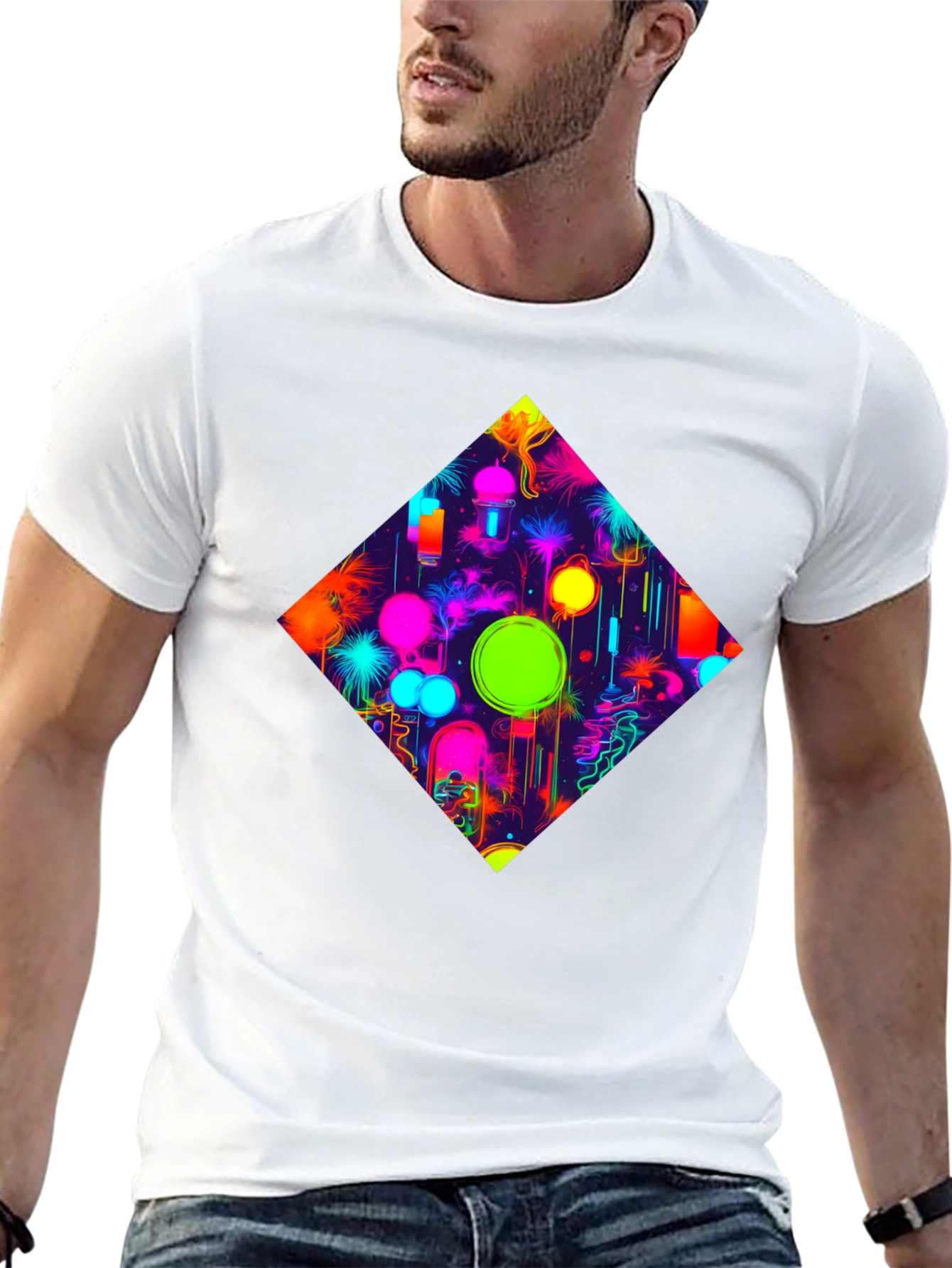 Neon Diamond Graphic Tee - Stylish Black T-Shirt