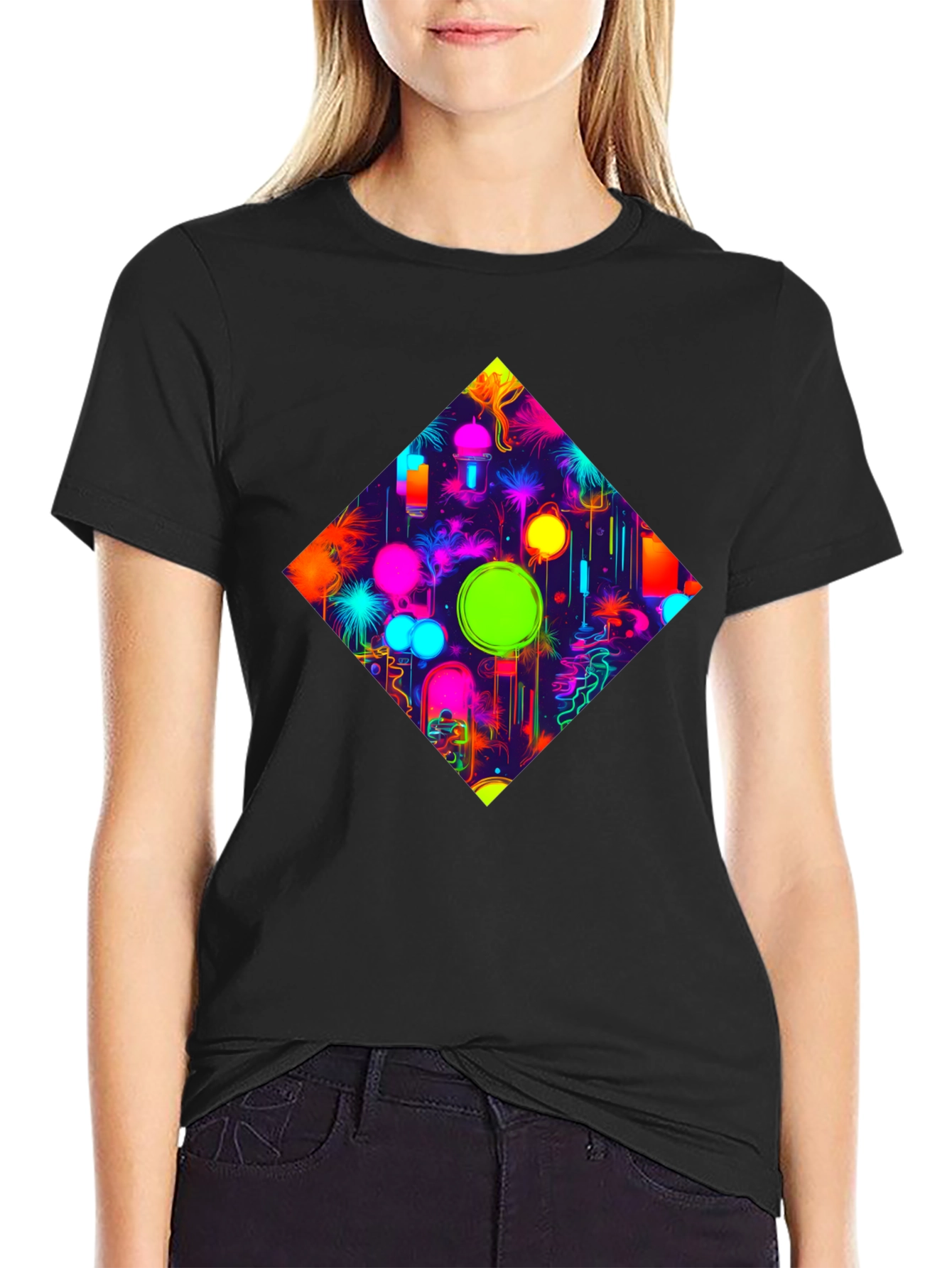 Neon Diamond Graphic Tee - Stylish Black T-Shirt