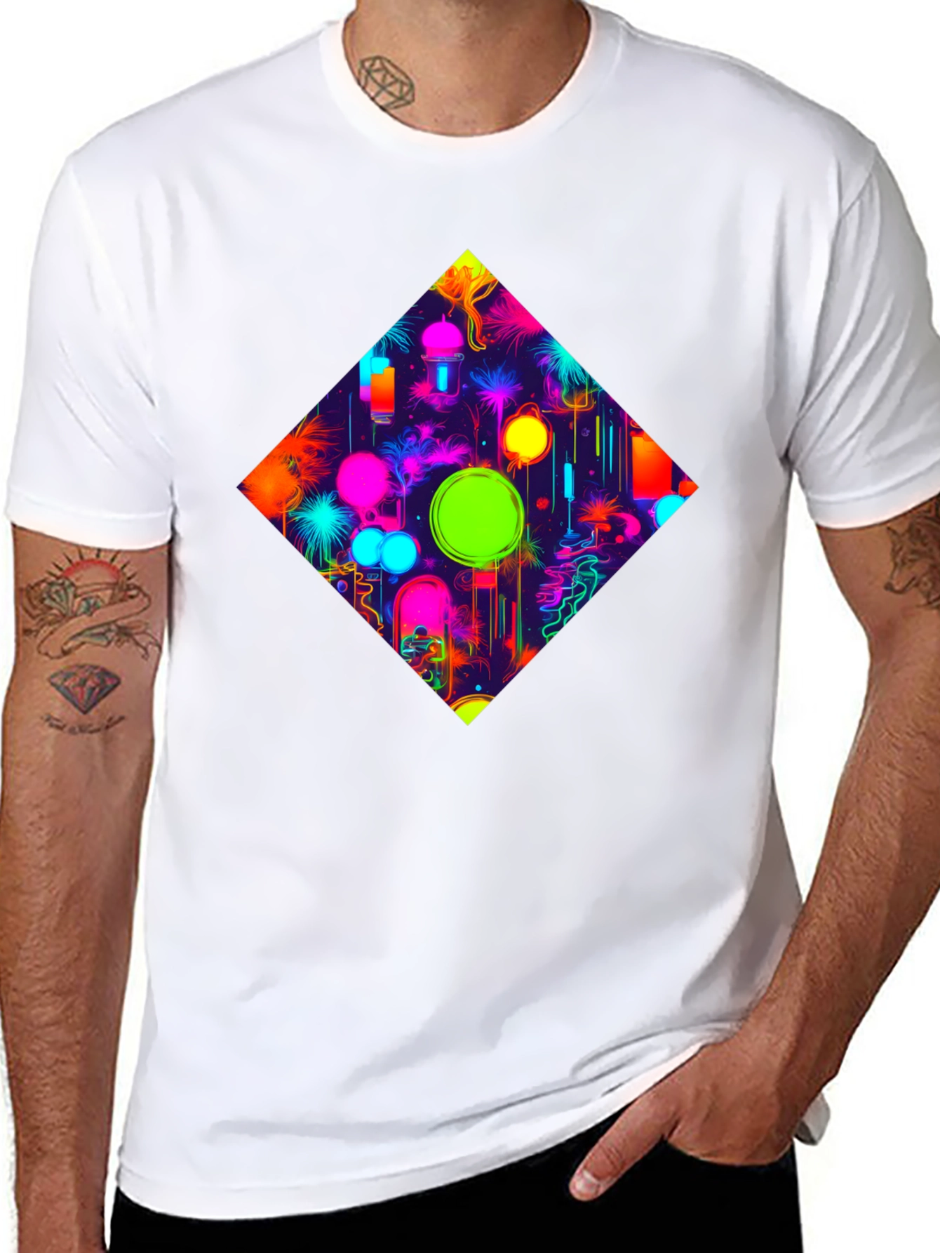 Neon Diamond Graphic Tee - Stylish Black T-Shirt