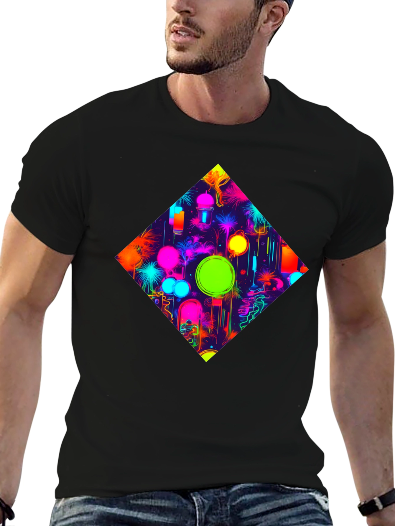Neon Diamond Graphic Tee - Stylish Black T-Shirt