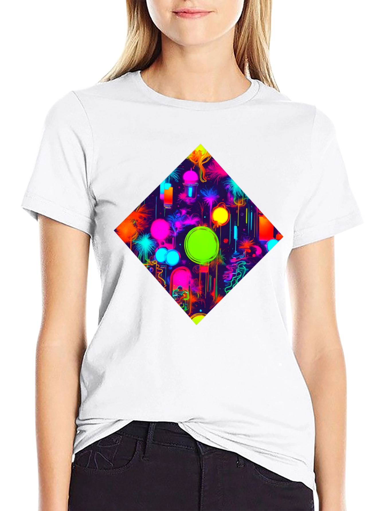 Neon Diamond Graphic Tee - Stylish Black T-Shirt