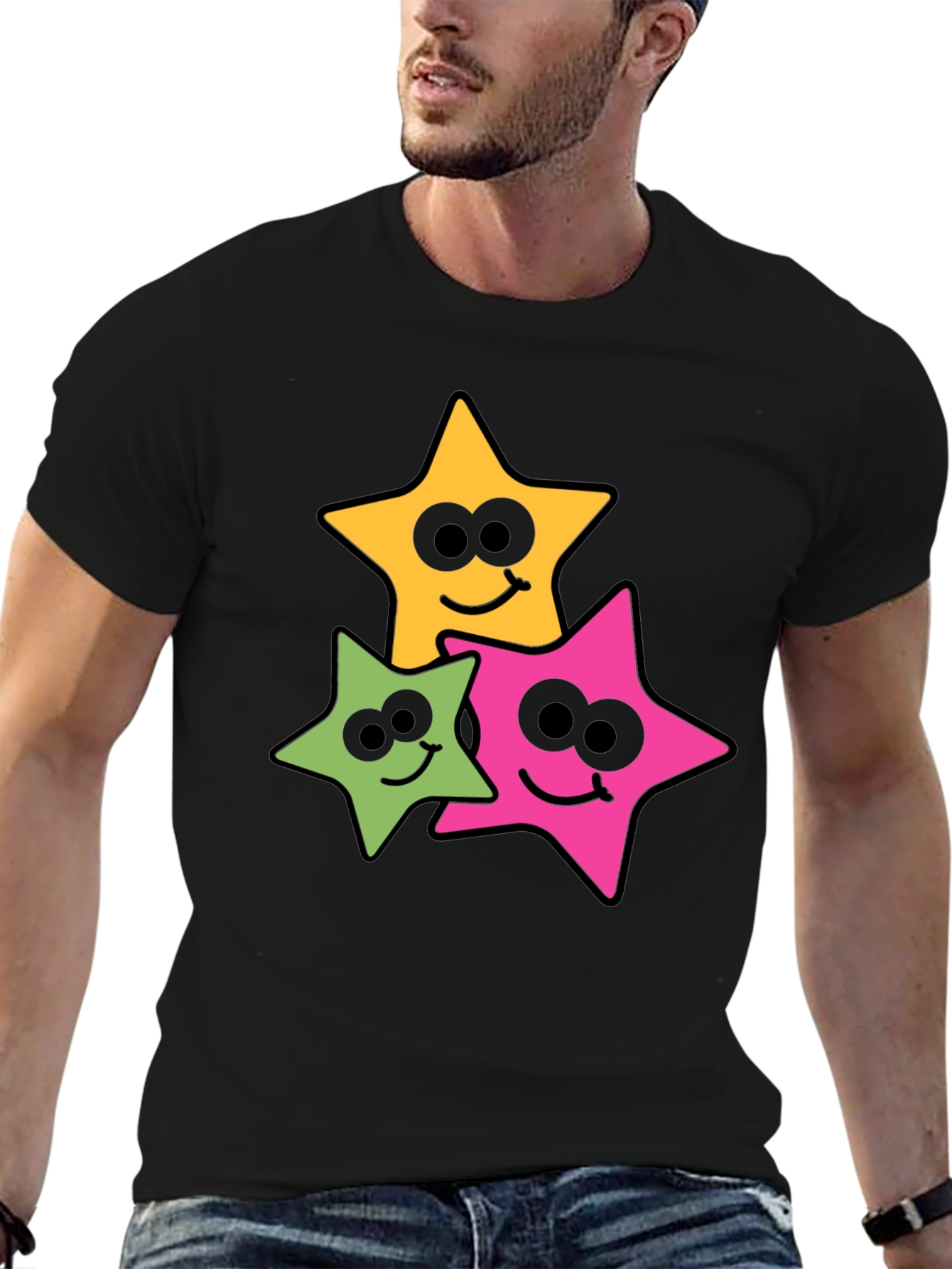 Smiling Star Graphic Tee - Black Cotton Blend