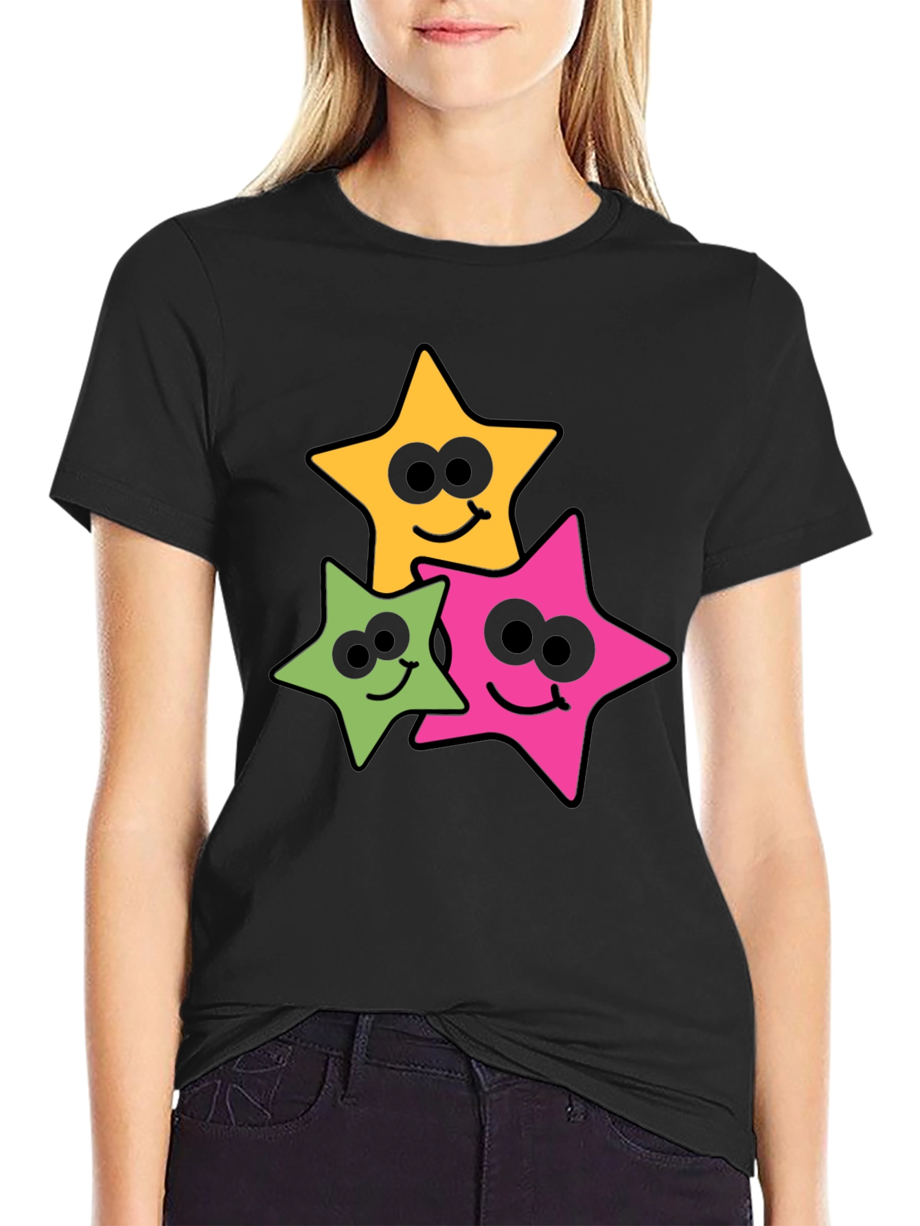 Smiling Star Graphic Tee - Black Cotton Blend