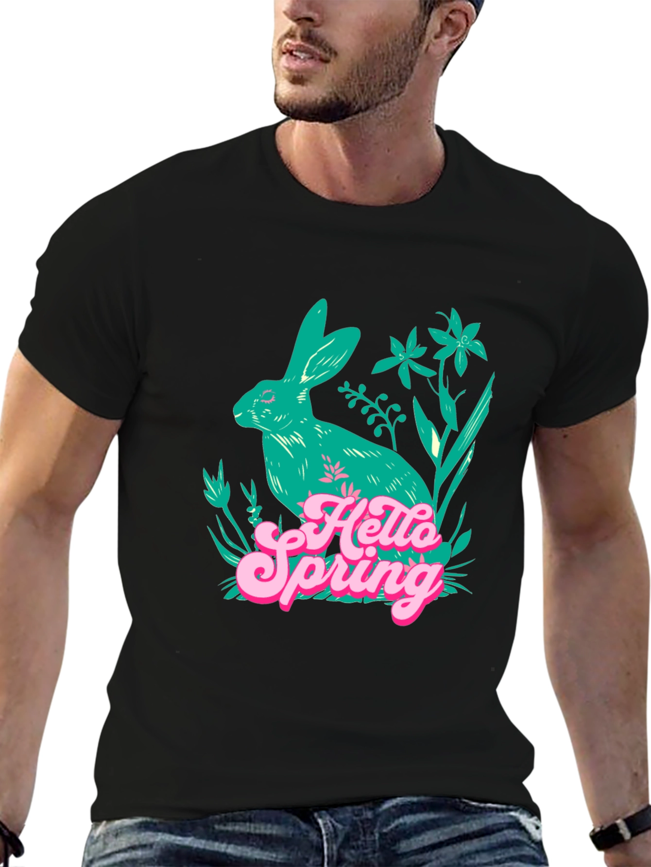 Hello Spring Bunny Graphic Tee - Black