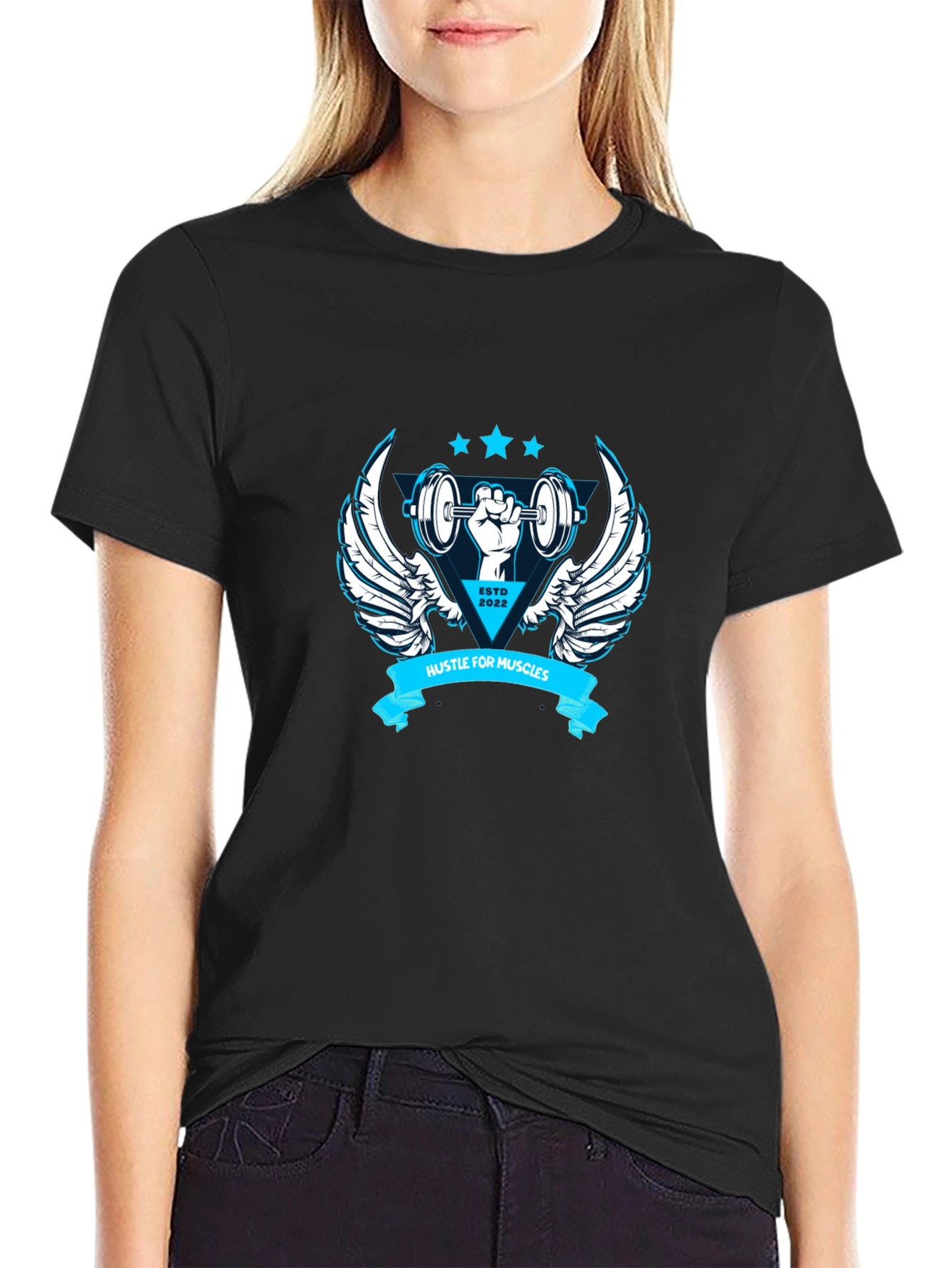 Hustle for Muscles Black Graphic T-Shirt