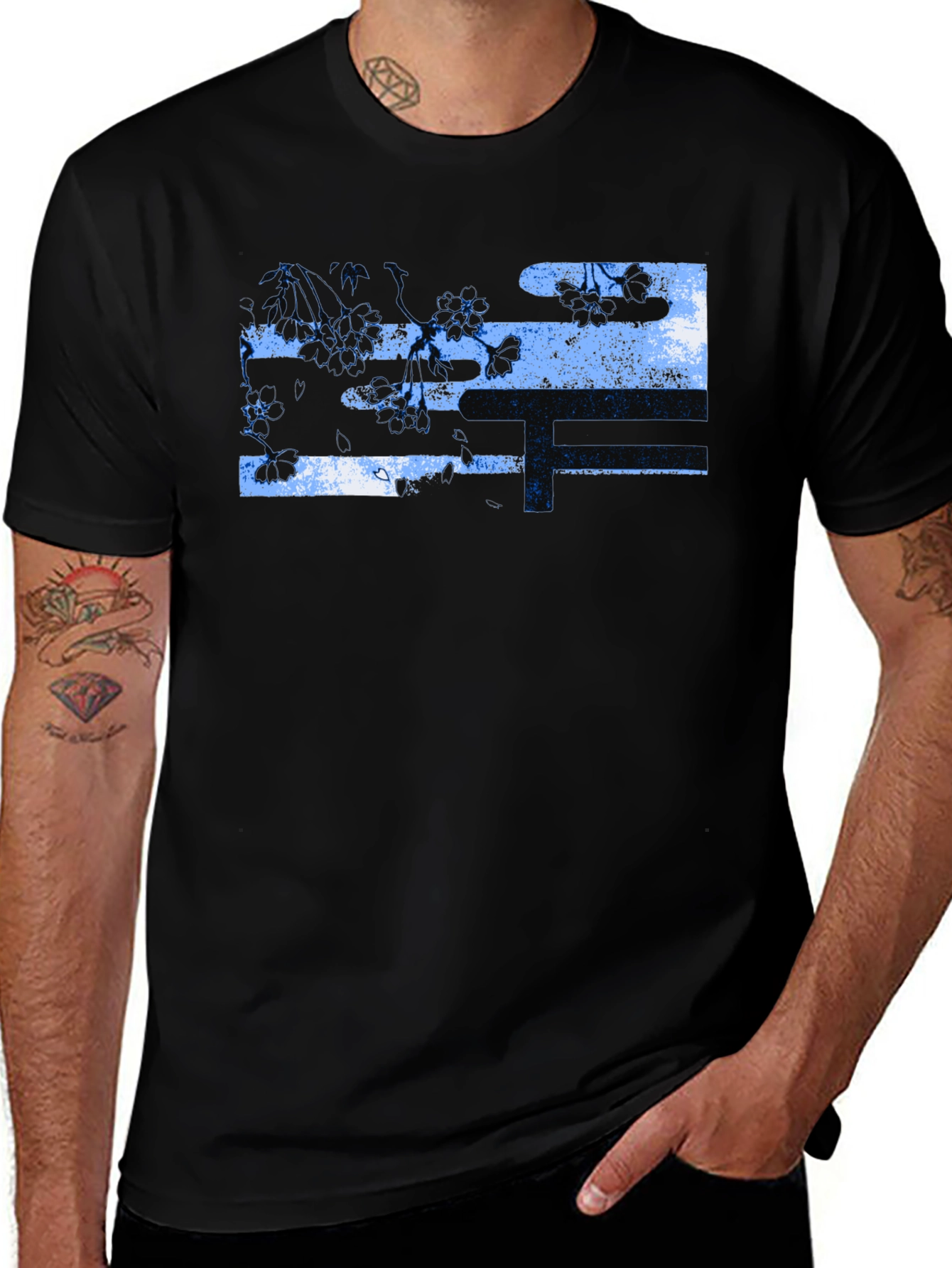 Black T-Shirt with Abstract Floral Design