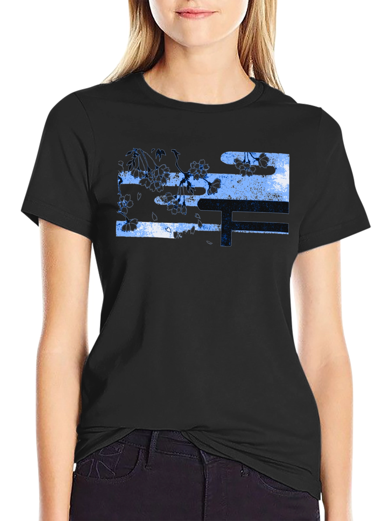 Black T-Shirt with Abstract Floral Design