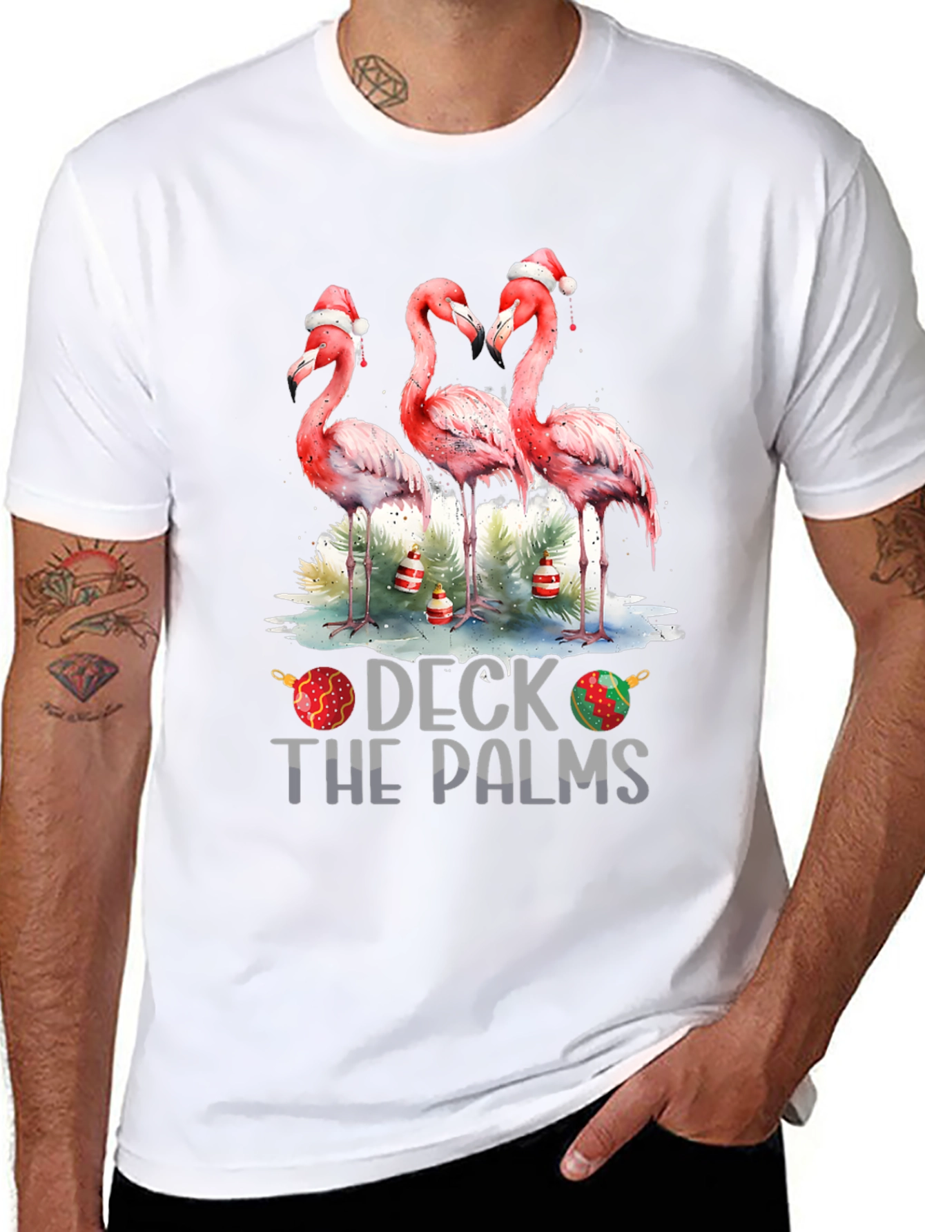 Deck The Palms Flamingo Christmas T-Shirt