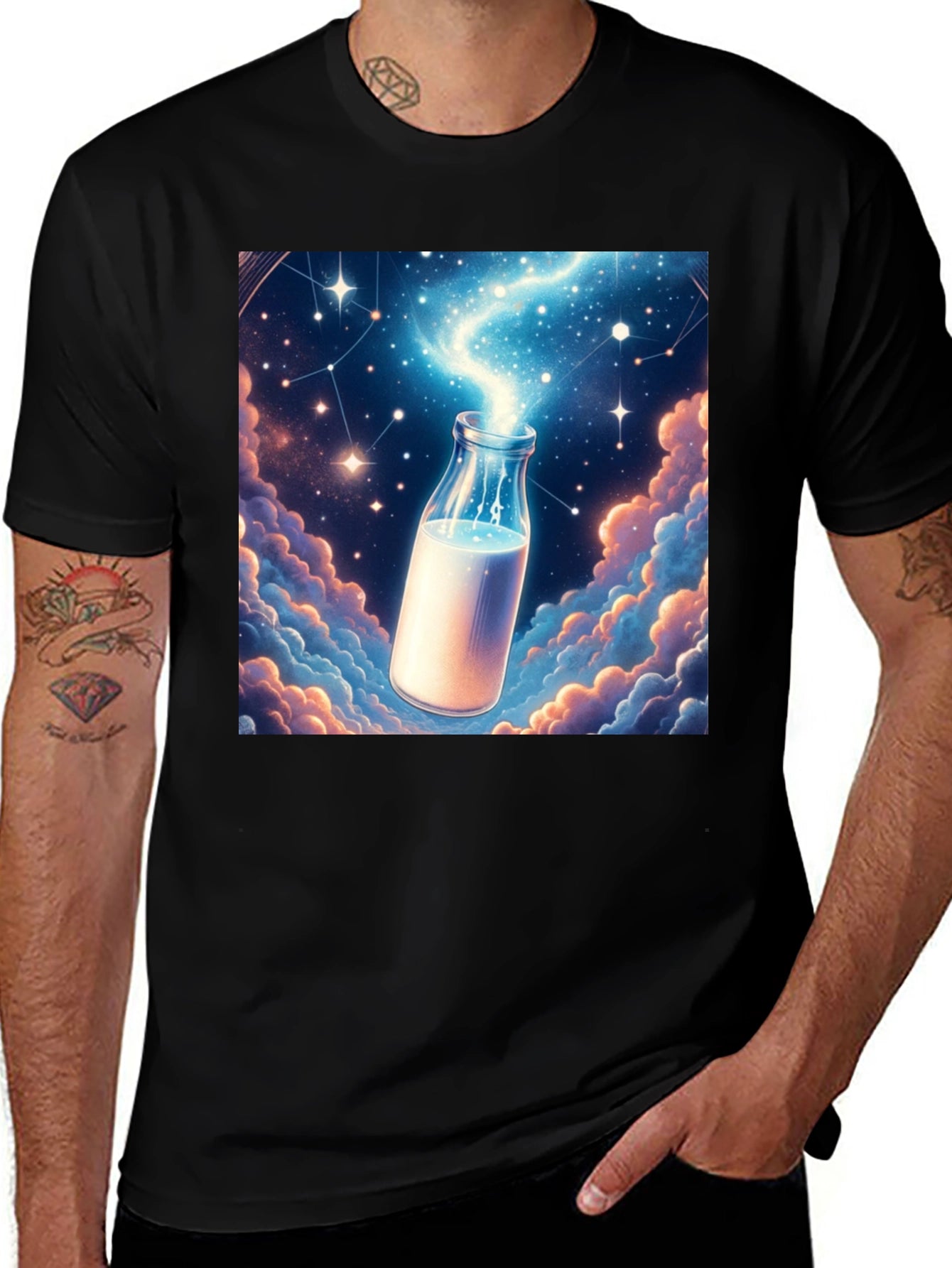 Cosmic Milk Bottle Graphic Tee - Black Cotton Blend