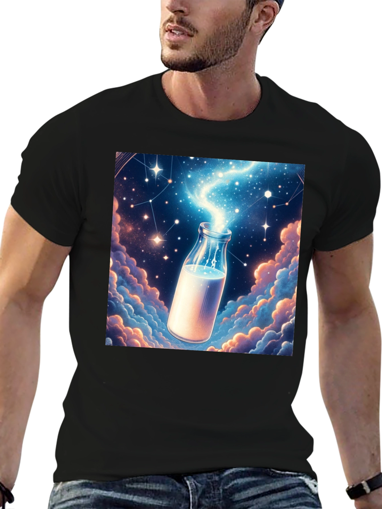 Cosmic Milk Bottle Graphic Tee - Black Cotton Blend