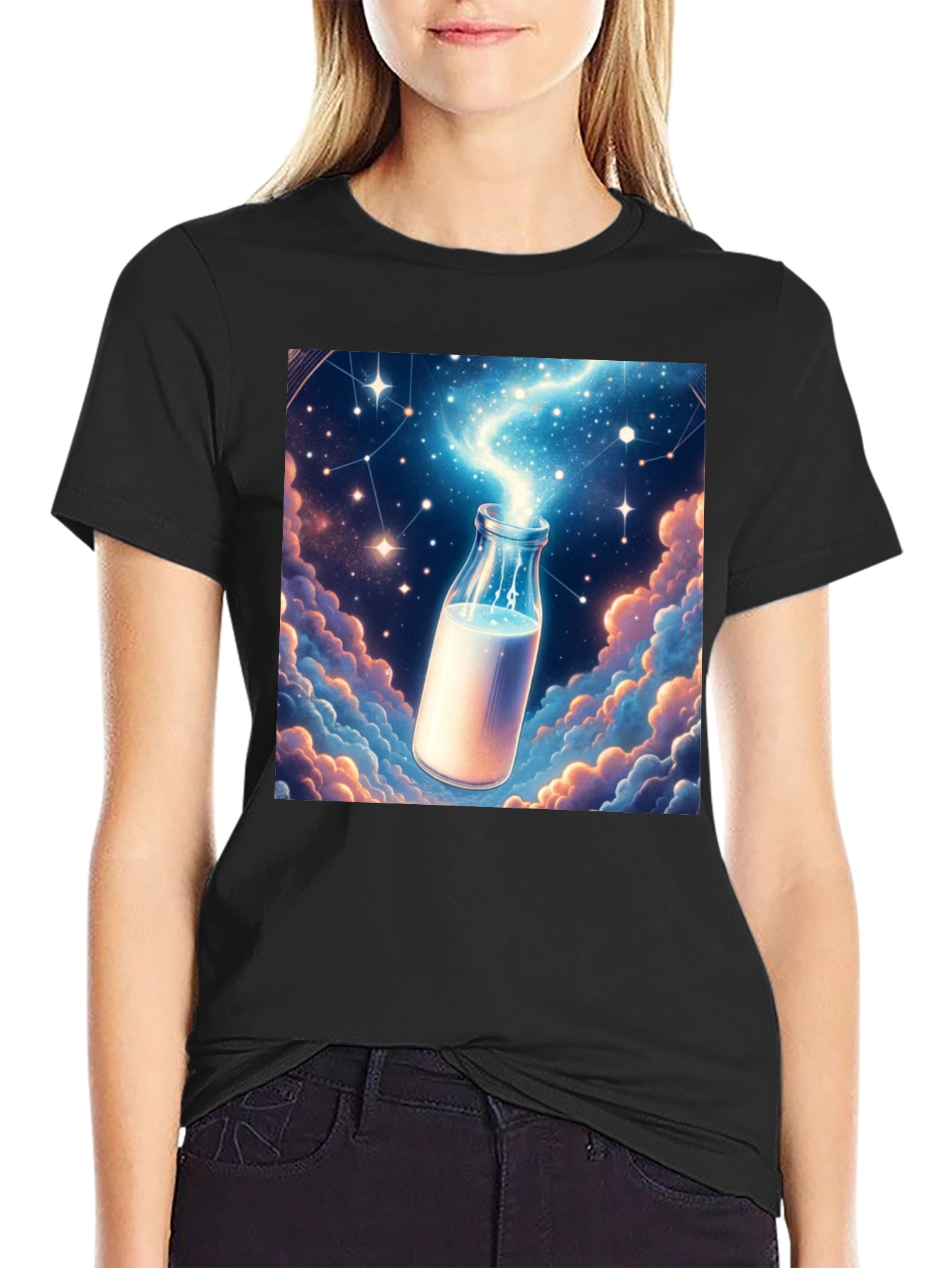 Cosmic Milk Bottle Graphic Tee - Black Cotton Blend