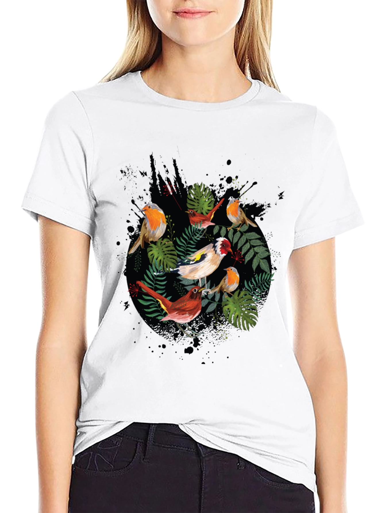 Mens Black Bird & Foliage Graphic Tee