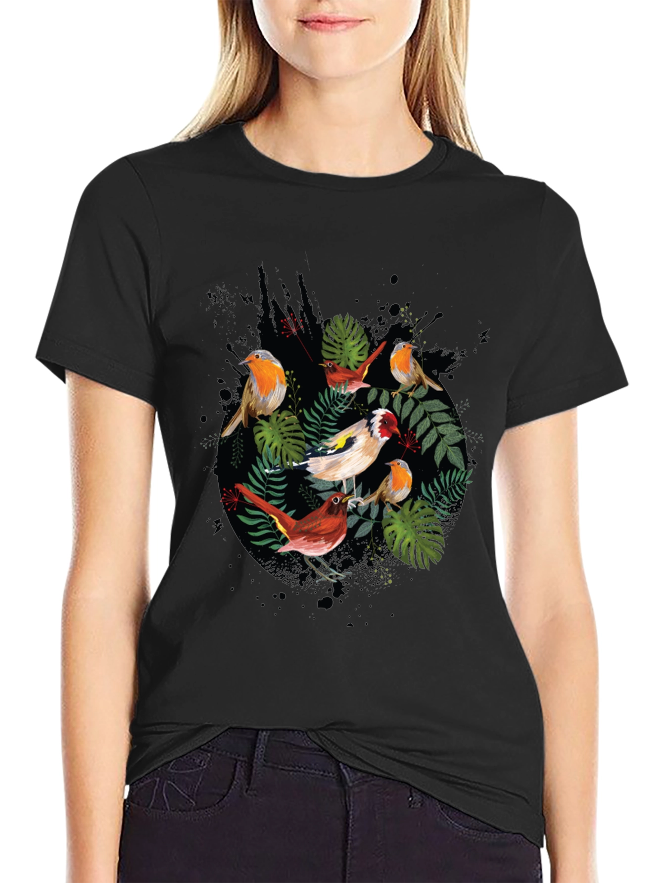 Mens Black Bird & Foliage Graphic Tee