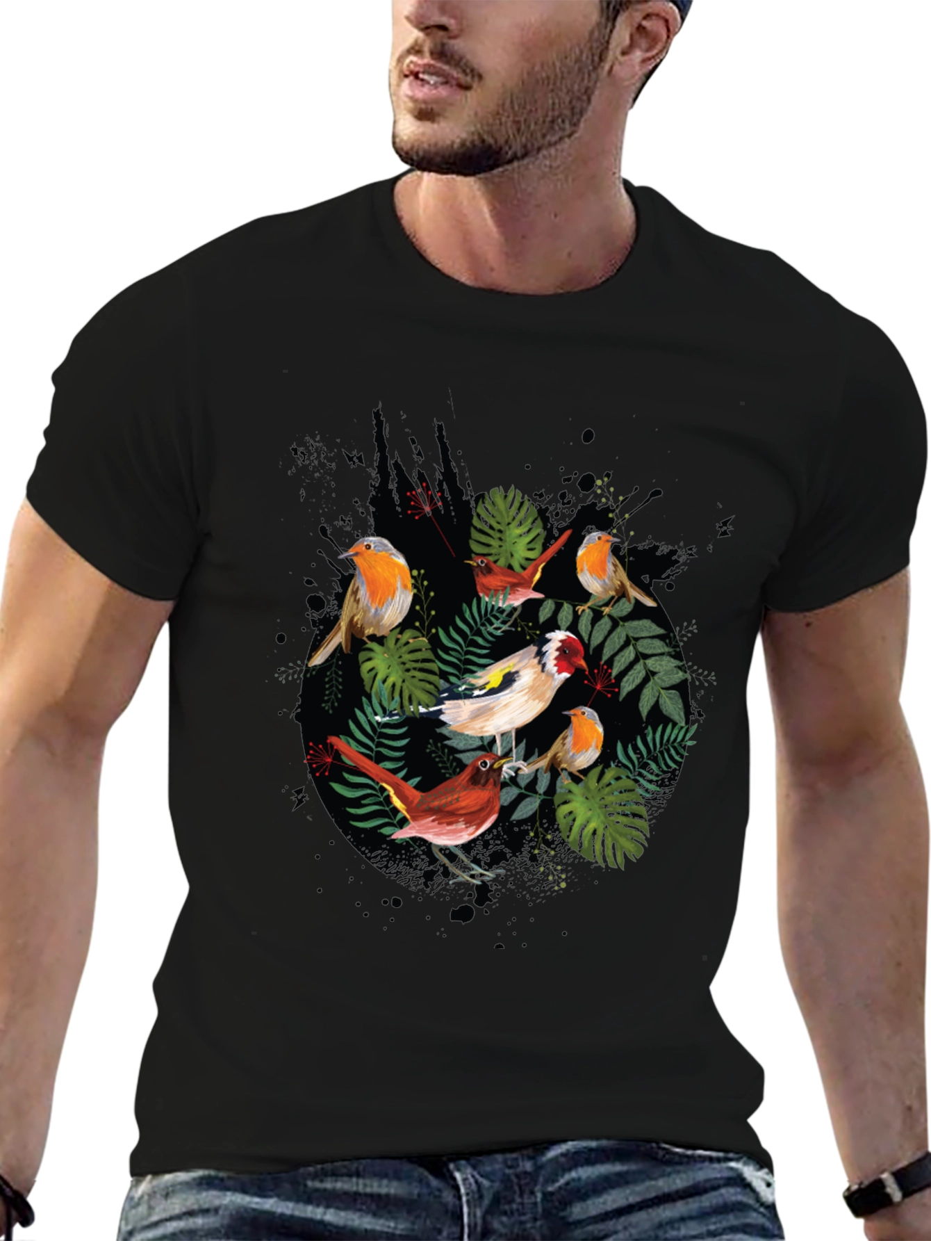 Mens Black Bird & Foliage Graphic Tee