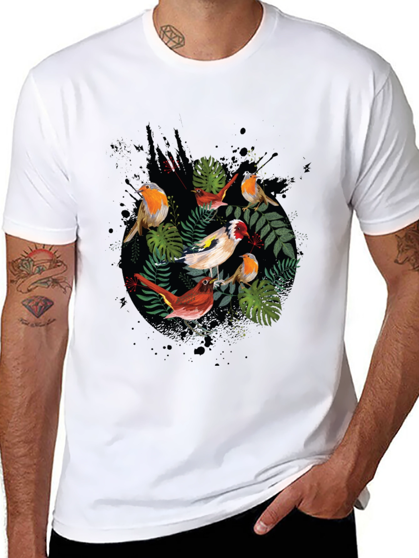 Mens Black Bird & Foliage Graphic Tee