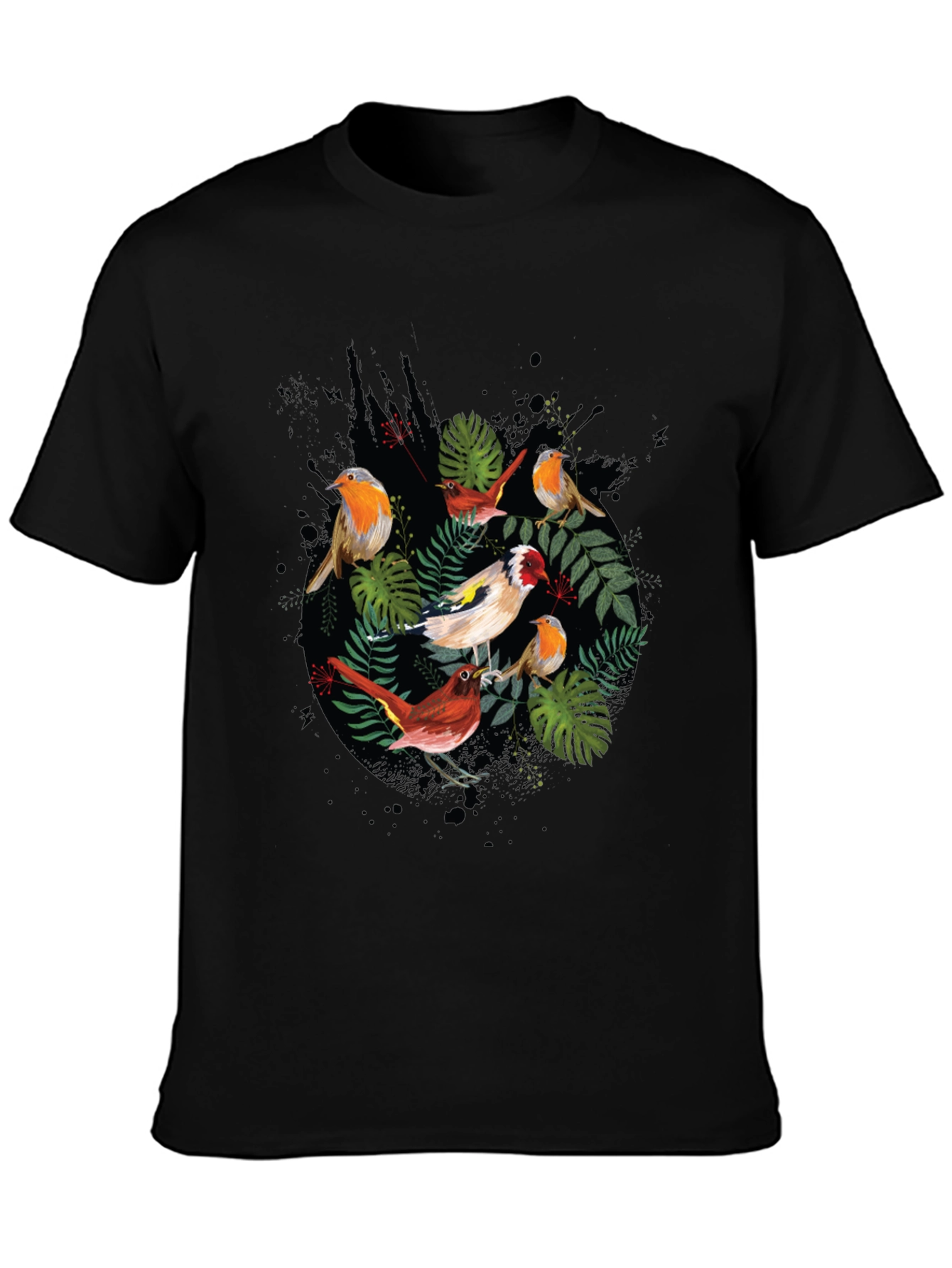 Mens Black Bird & Foliage Graphic Tee