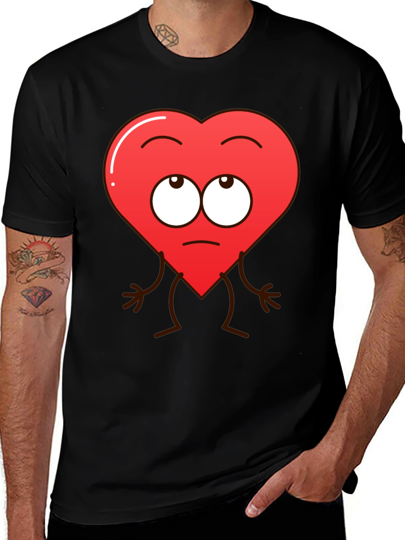 Funny Heart Character Graphic T-Shirt - Black