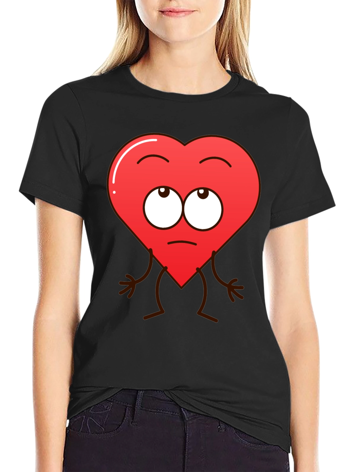 Funny Heart Character Graphic T-Shirt - Black