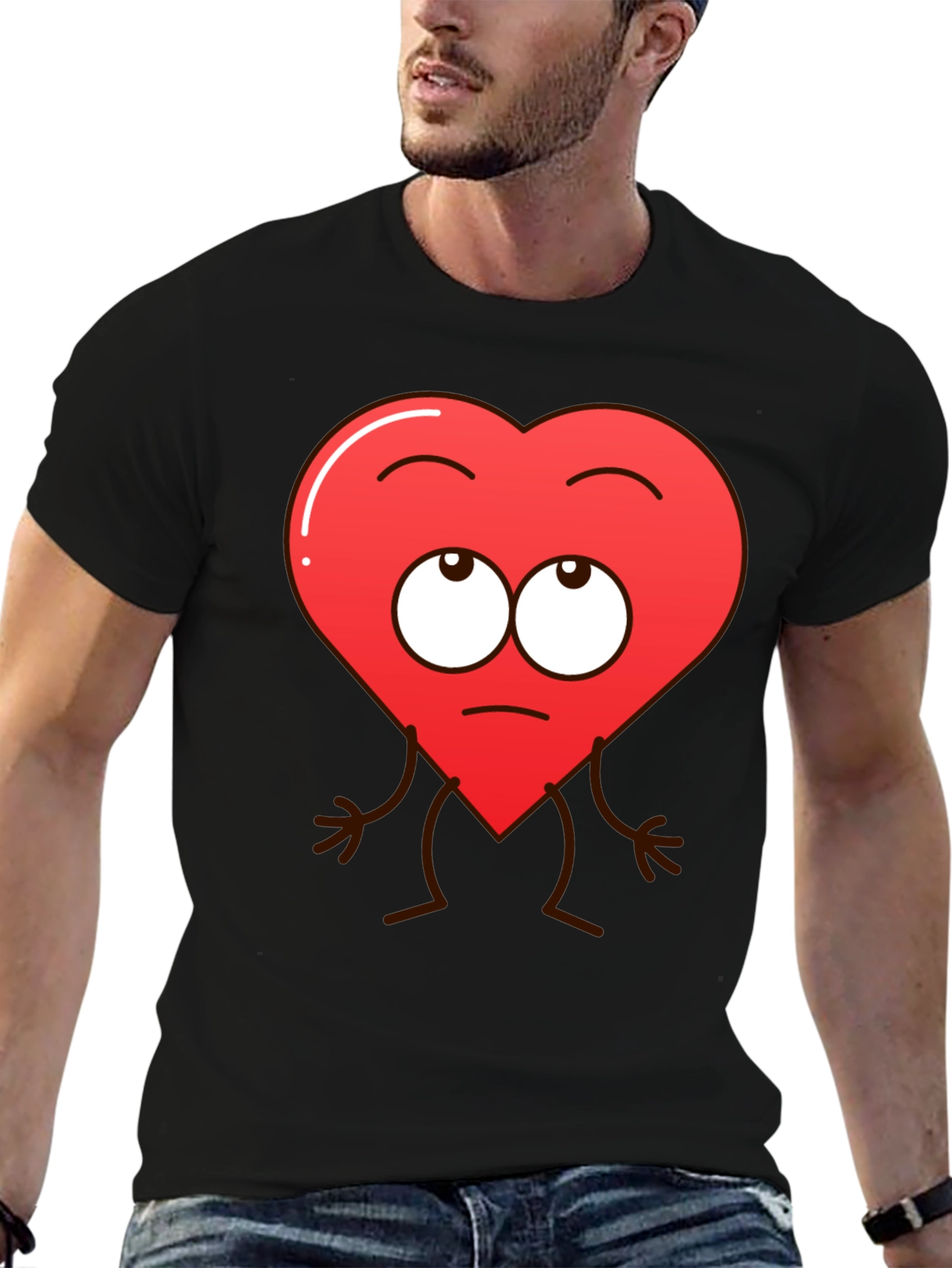 Funny Heart Character Graphic T-Shirt - Black