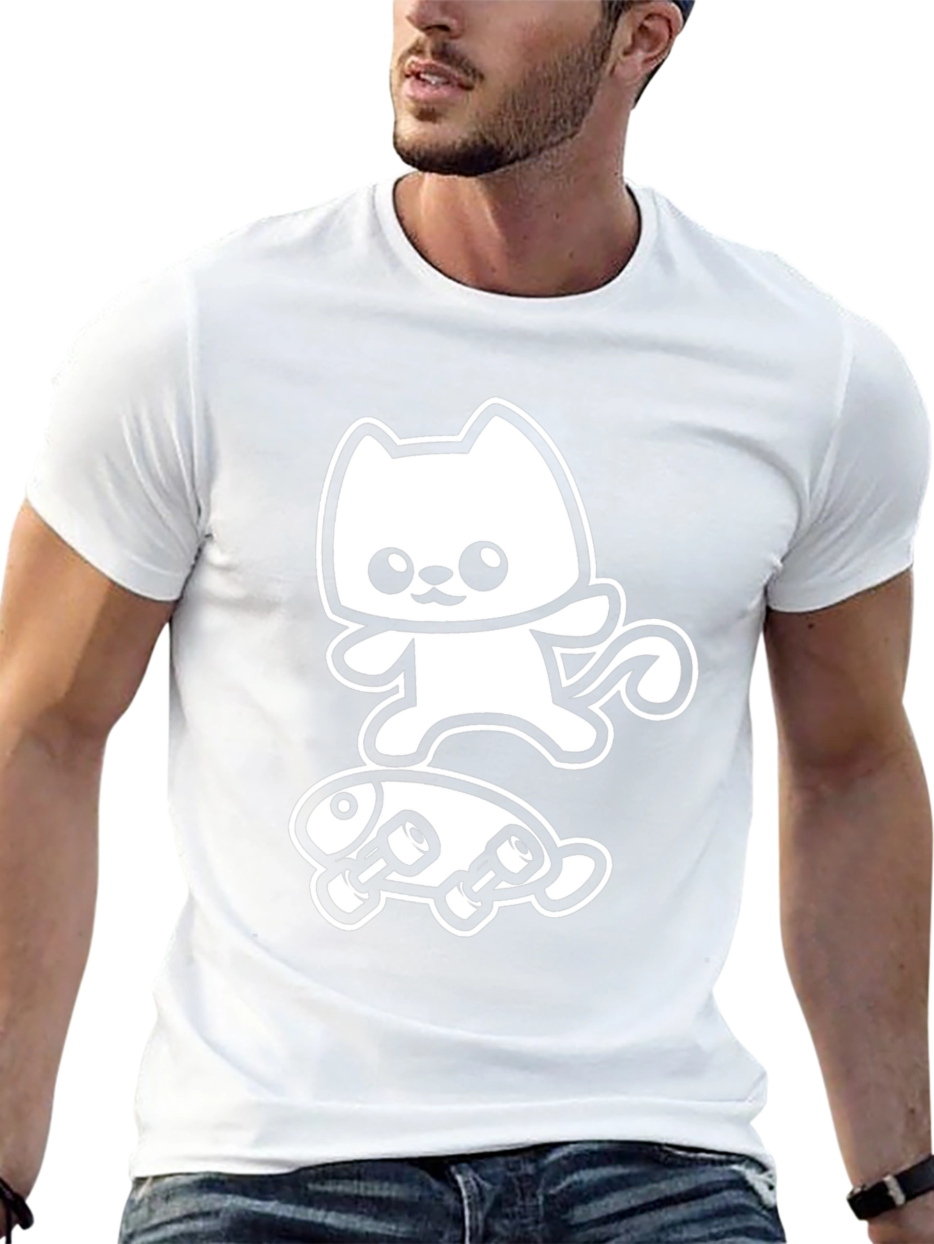 Cute Cat & Fish Skateboarder Graphic T-Shirt