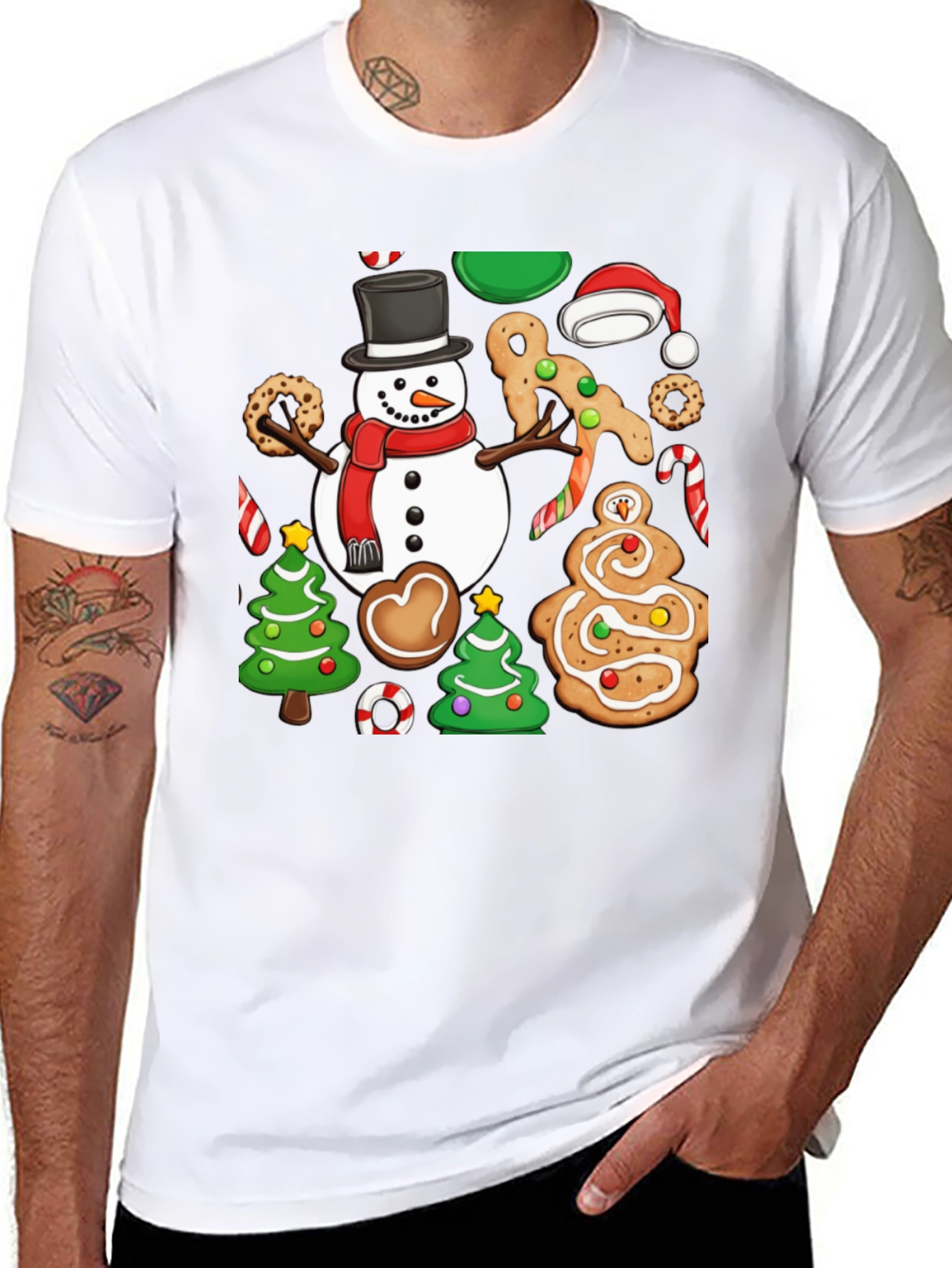 Festive Christmas Cookie & Snowman Graphic T-Shirt