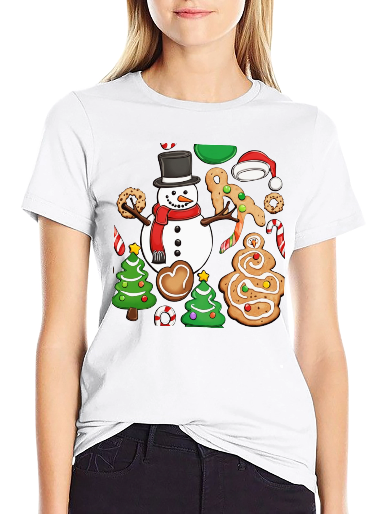 Festive Christmas Cookie & Snowman Graphic T-Shirt