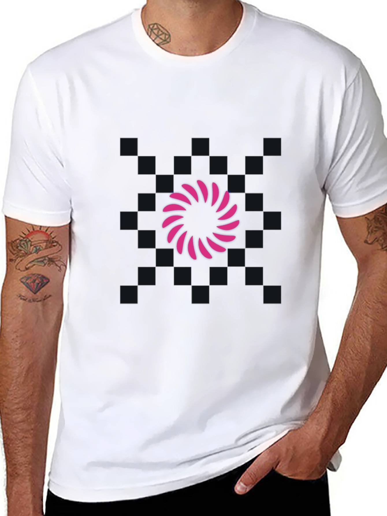 Mens Black T-Shirt - Pink Swirl Graphic